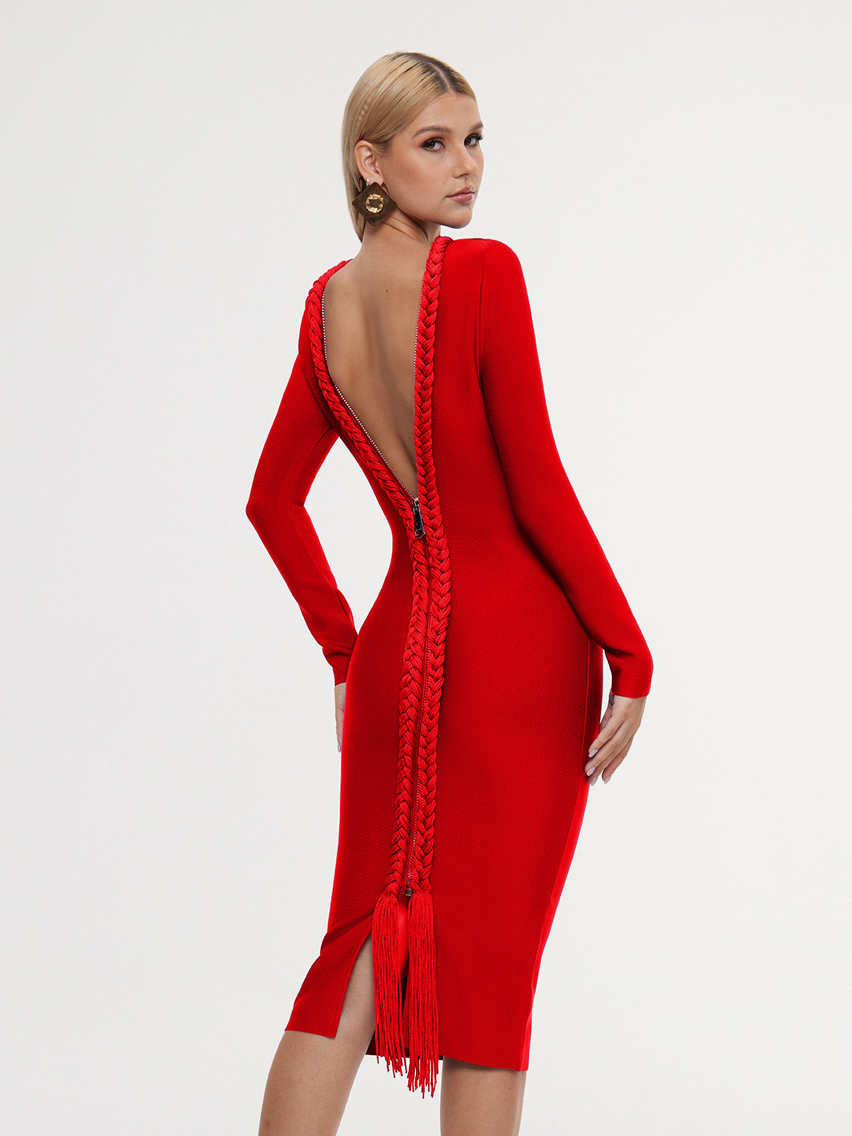Eddyron Long Sleeve Bandage Midi Dress In Red
