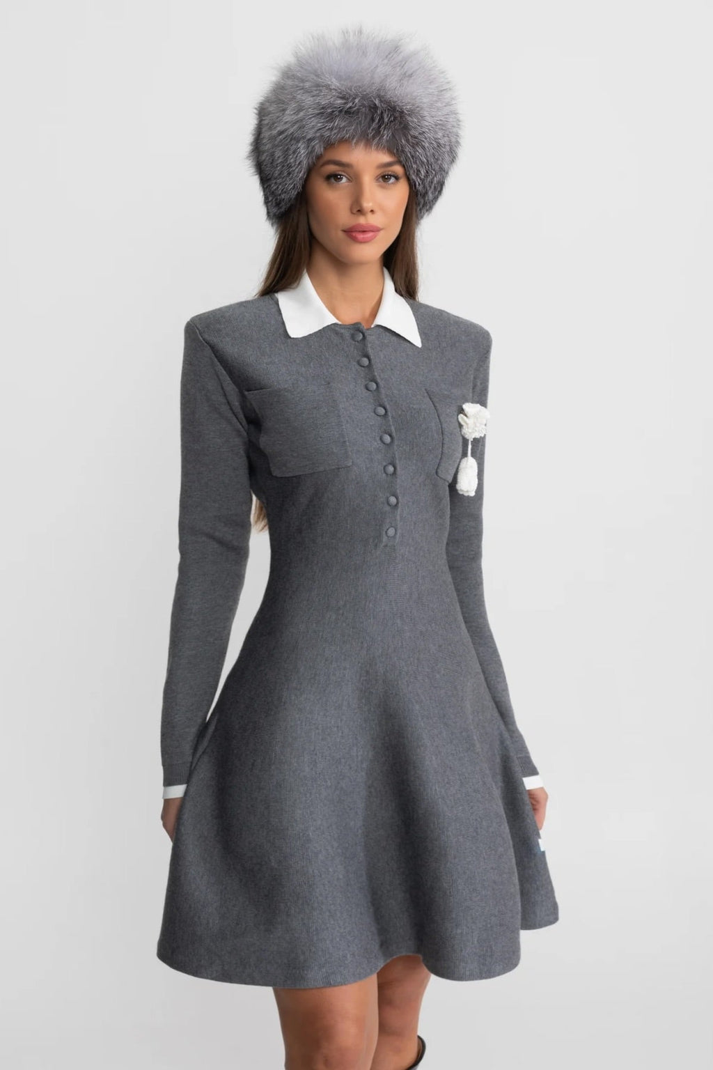 Mini Dress with Contrast Collar and Floral Brooch - Grey
