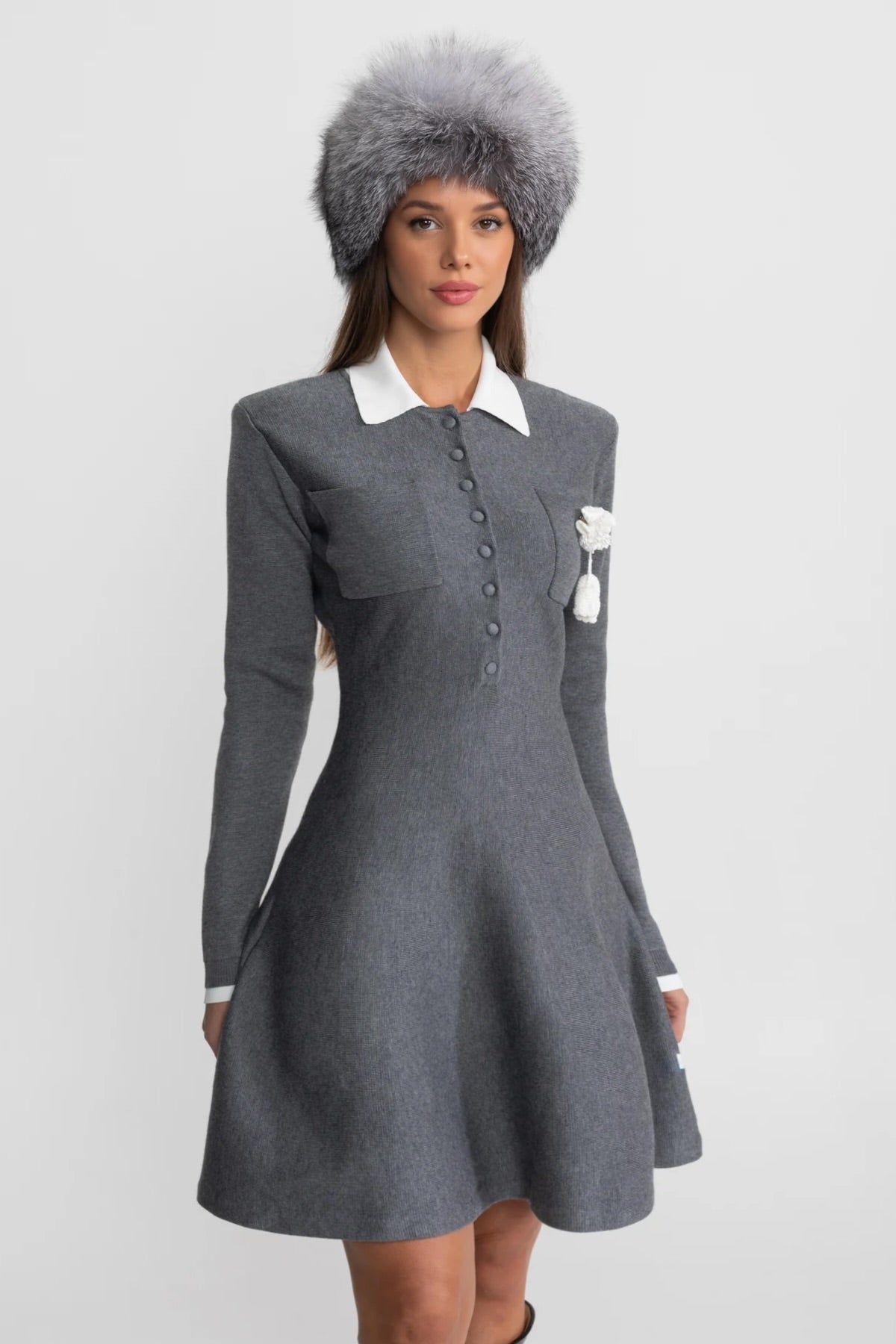 Mini Dress with Contrast Collar and Floral Brooch - Grey