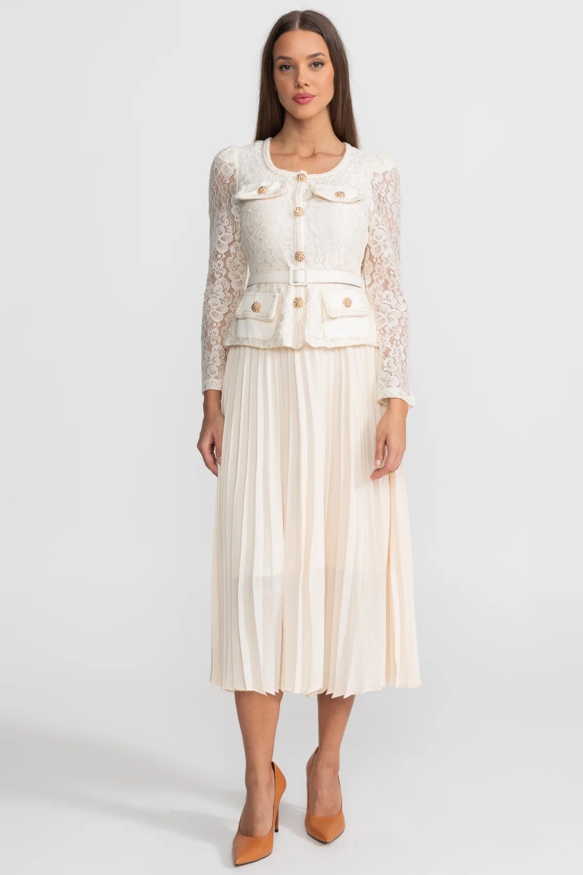 Lace and Pleated Midi Dress with Gold Button Detailing - Ivory
