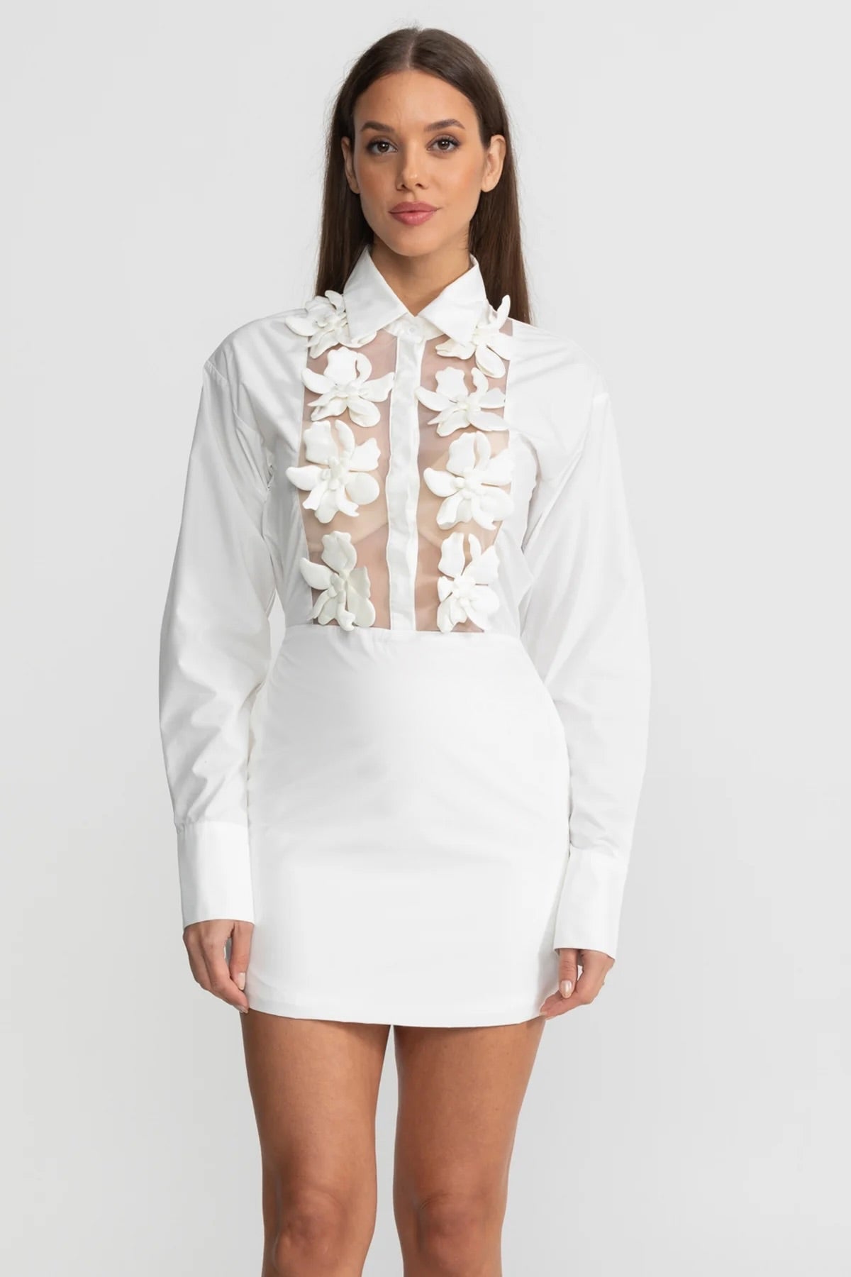 Sheer Panel Mini Shirt Dress With 3D Floral Appliqué – White