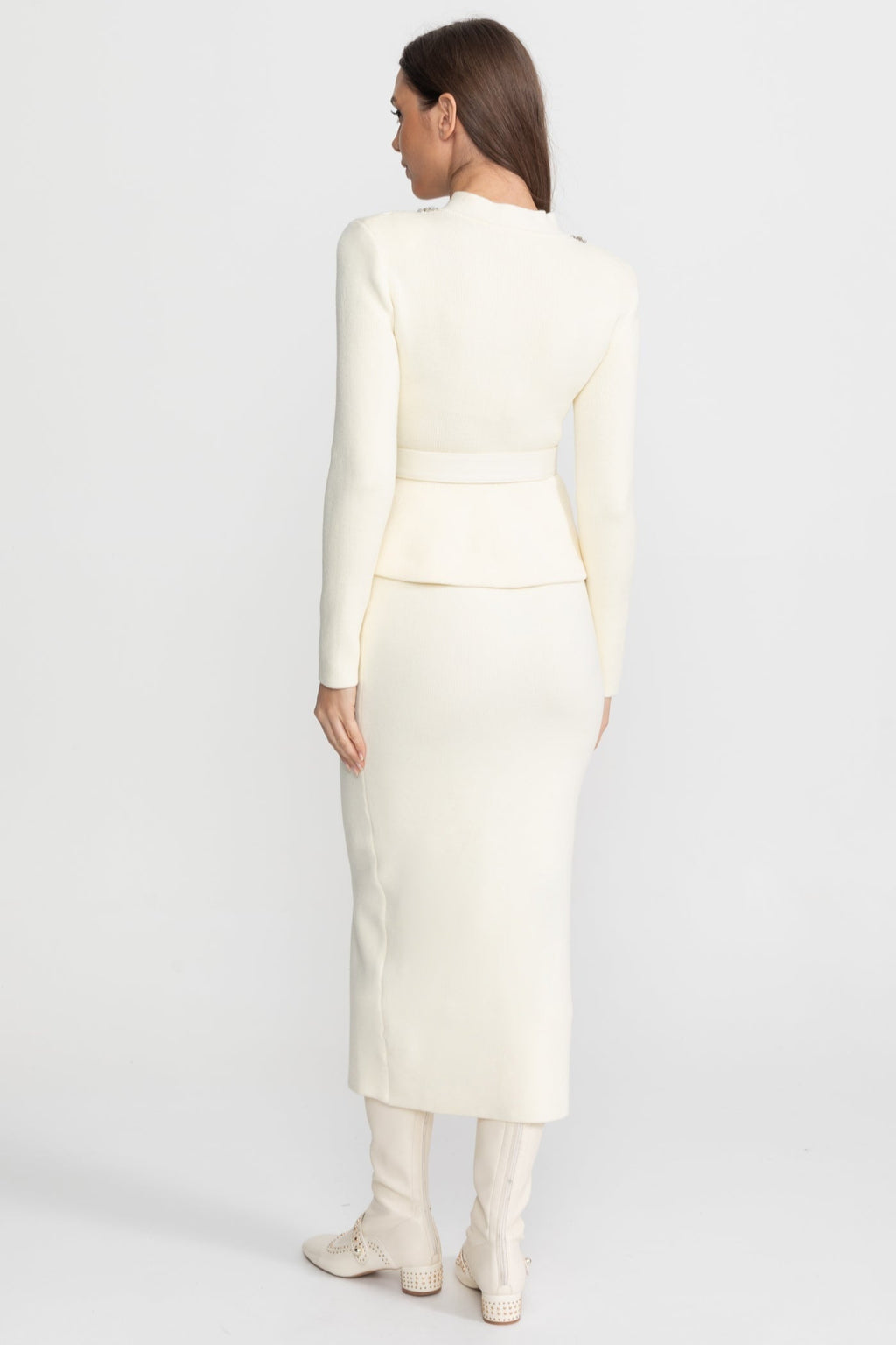 Midi Dress with Peplum Waist and Crystal Collar – Ivory