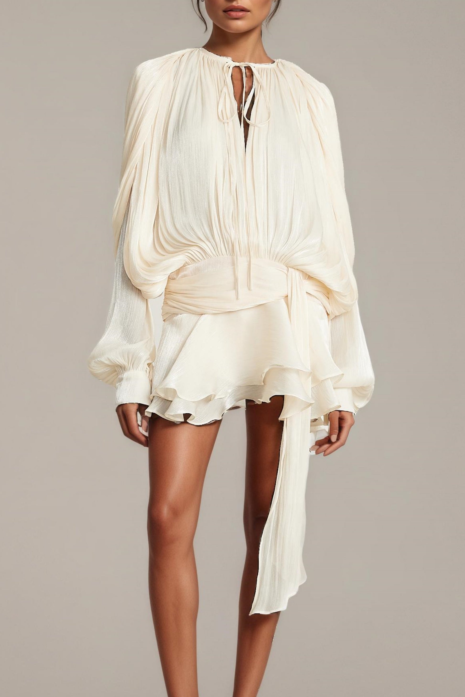 Eugénie Neutral Pleated Ruffle Mini Dress