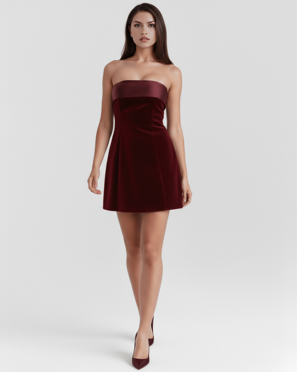 Valentina Bandeau Mini Dress with Fold Detail in Deep Burgundy