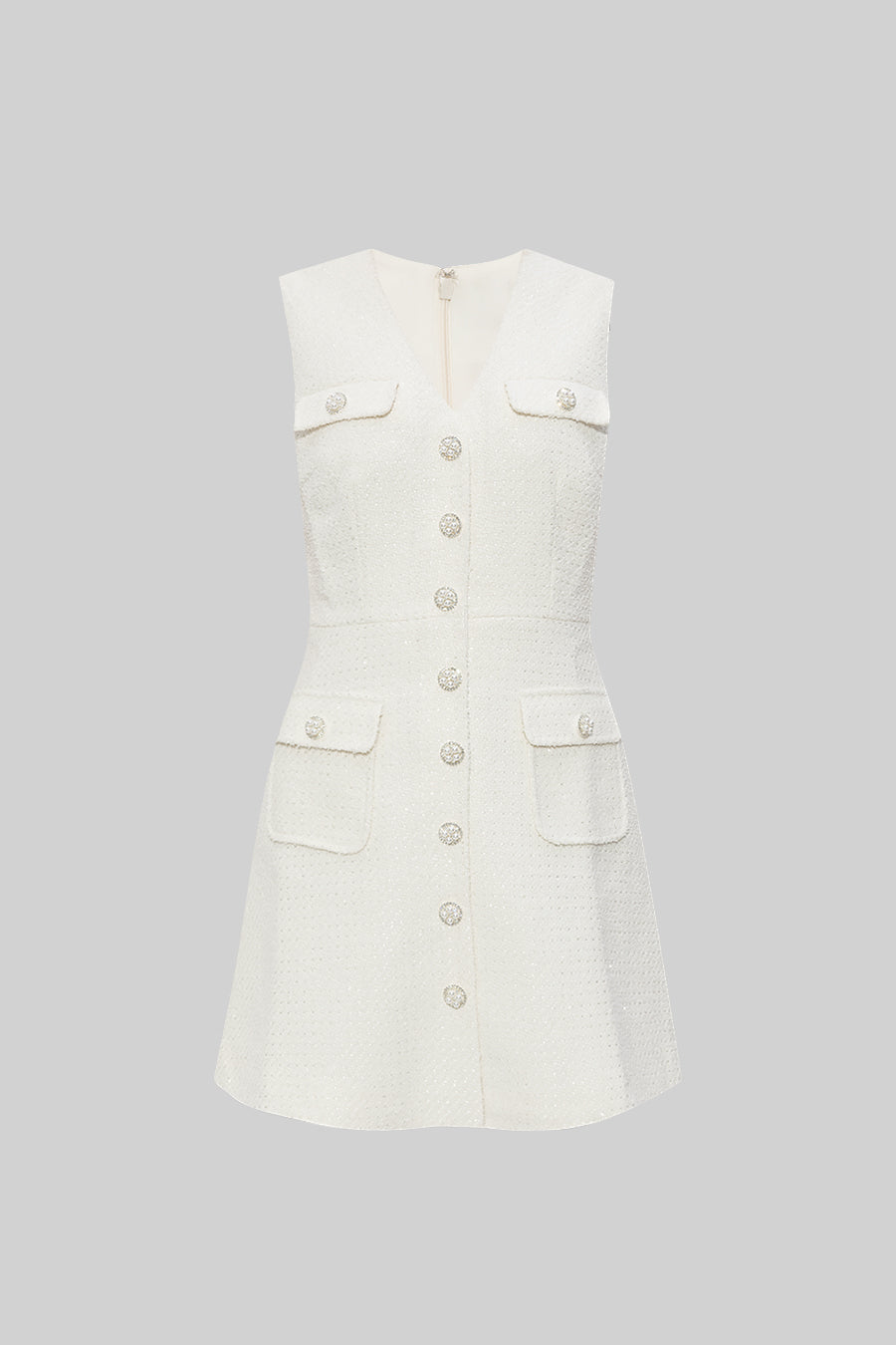 Textured Sleeveless Dress With Pearl Button Accents  - White