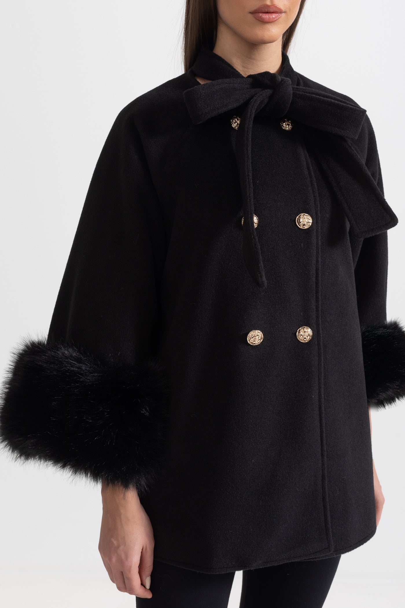 Natasha - Overcoat With Fur Cuff Accents And Neckline Ribbon - Black
