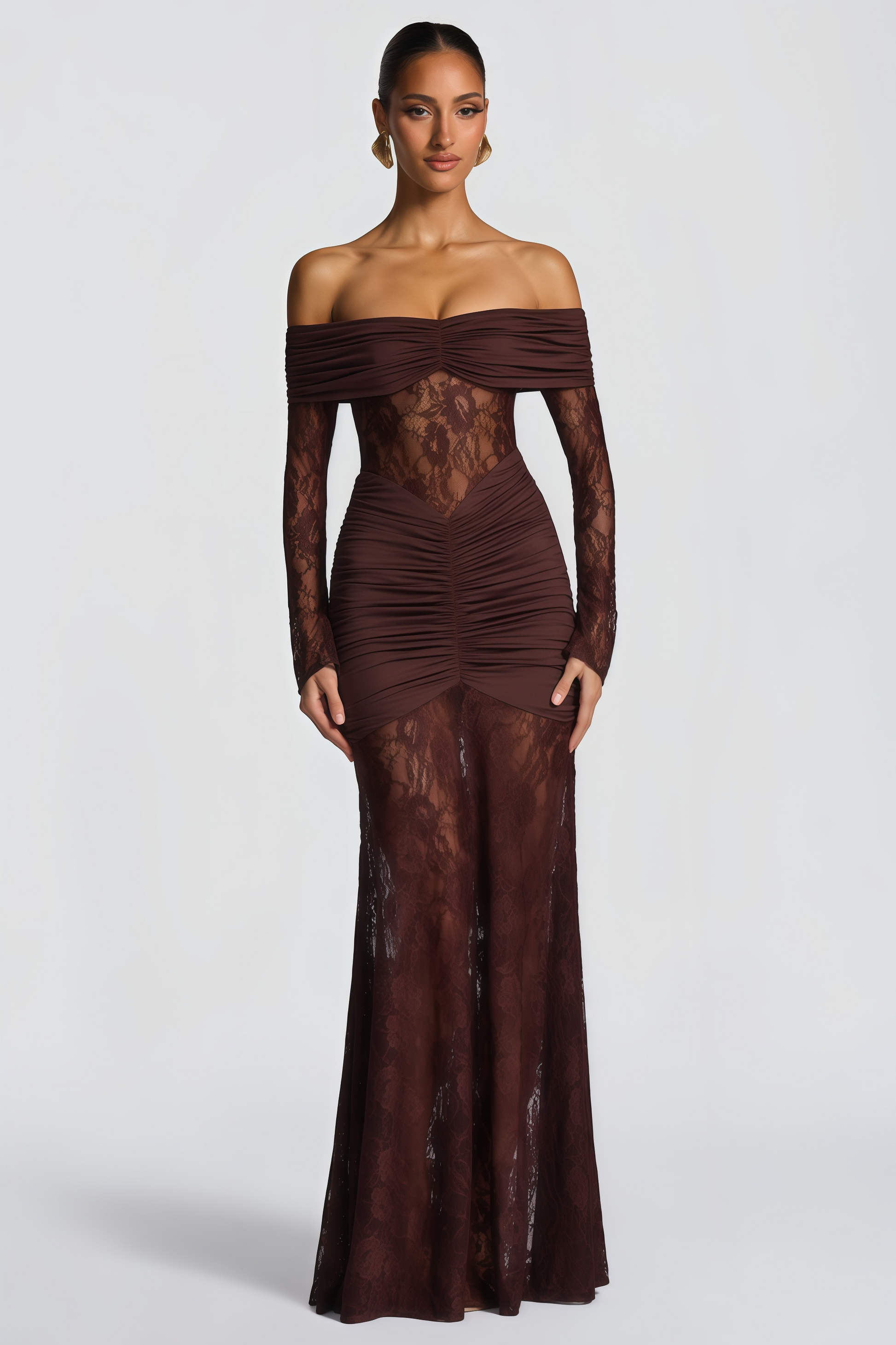 Brigitte Brown Lace Panel Ruched Maxi Dress