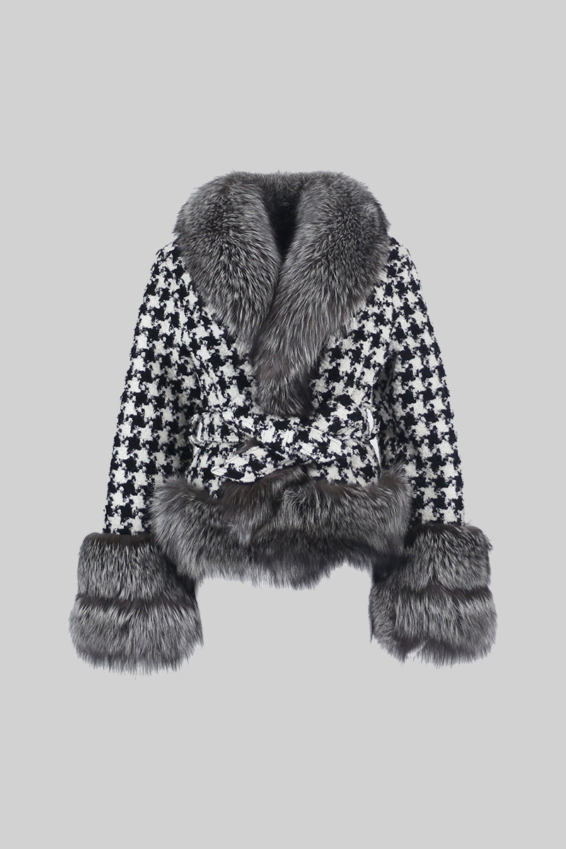 Liberty -Houndstooth Wool Belted Coat with Fur