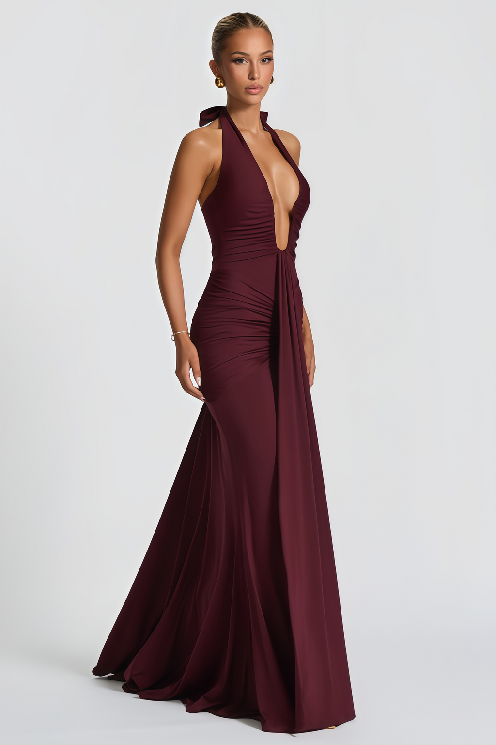 Aiglantine Burgundy Halterneck Ruched Maxi Dress