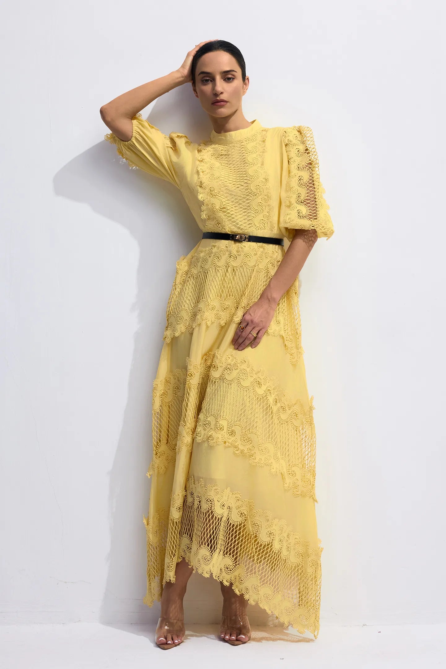 Demetria - Embroidered Lace Puff Sleeve Maxi Dress