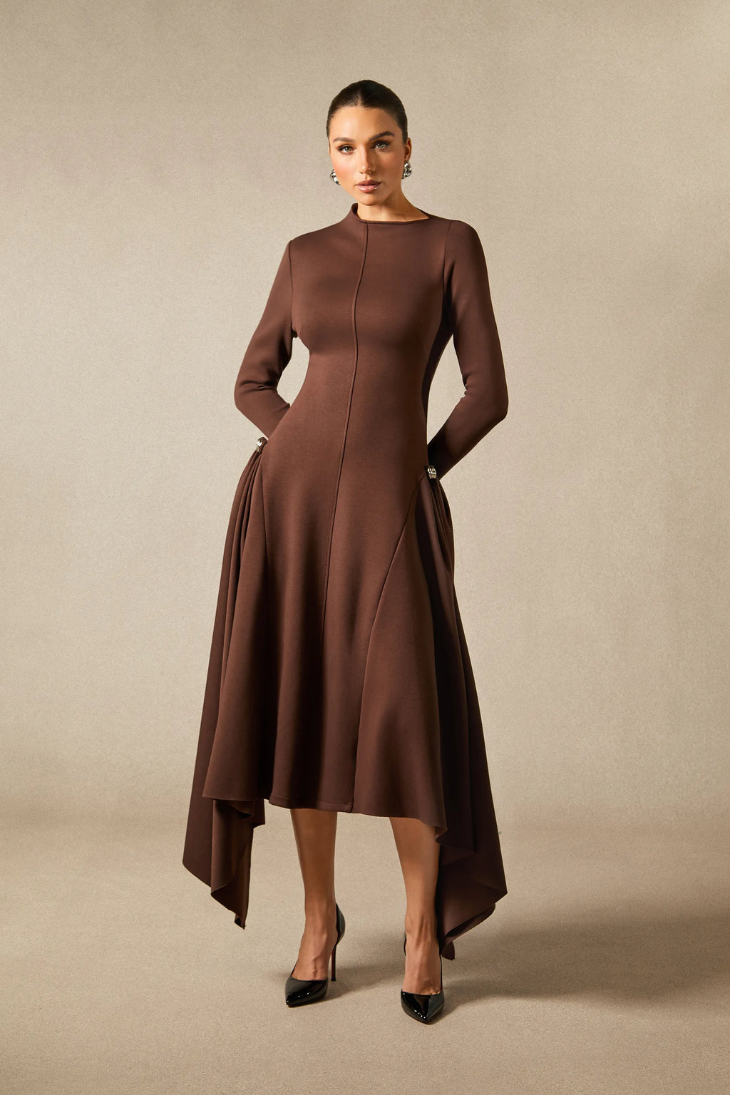 Olivia - Brown Long Sleeve Midi Dress