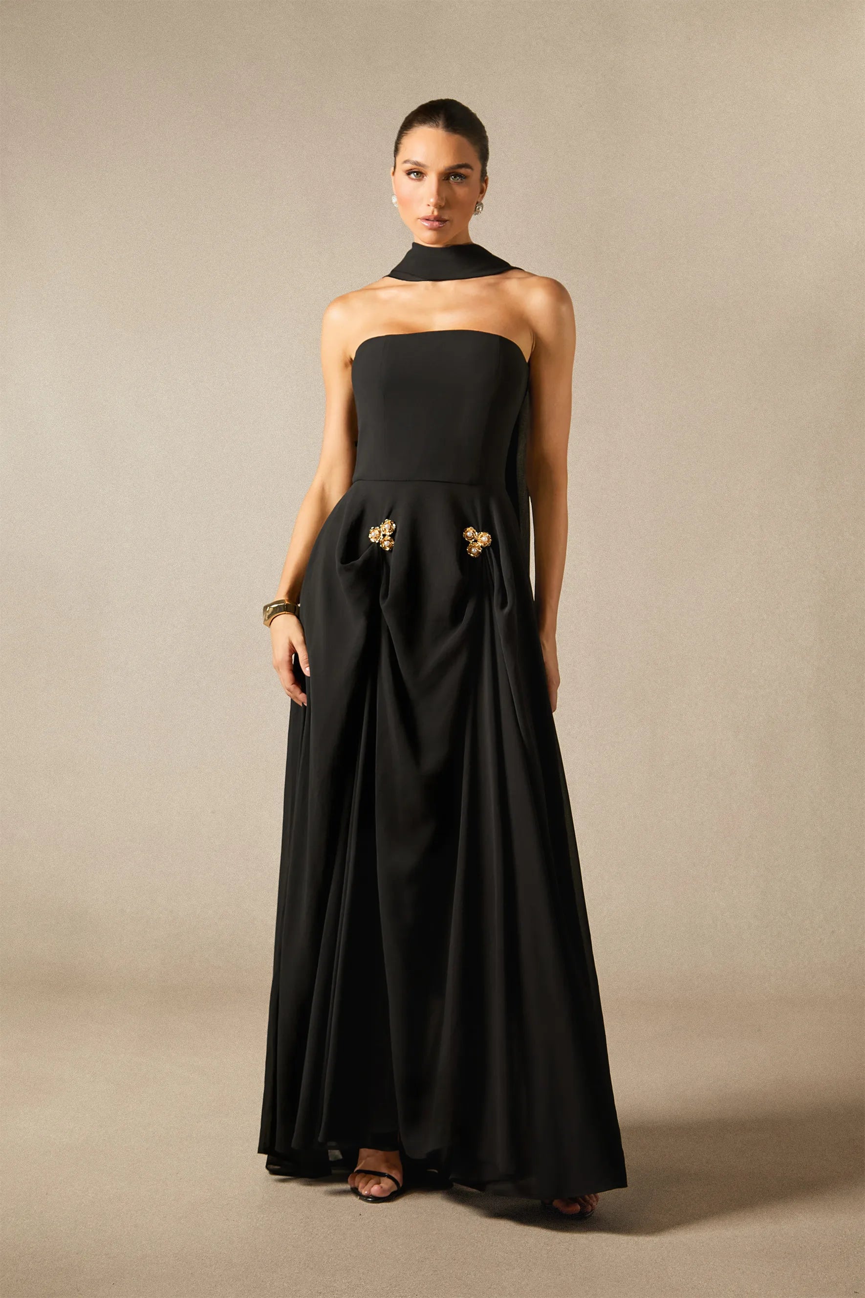 Sarah - Strapless Floral Detail Maxi Dress with Scarf