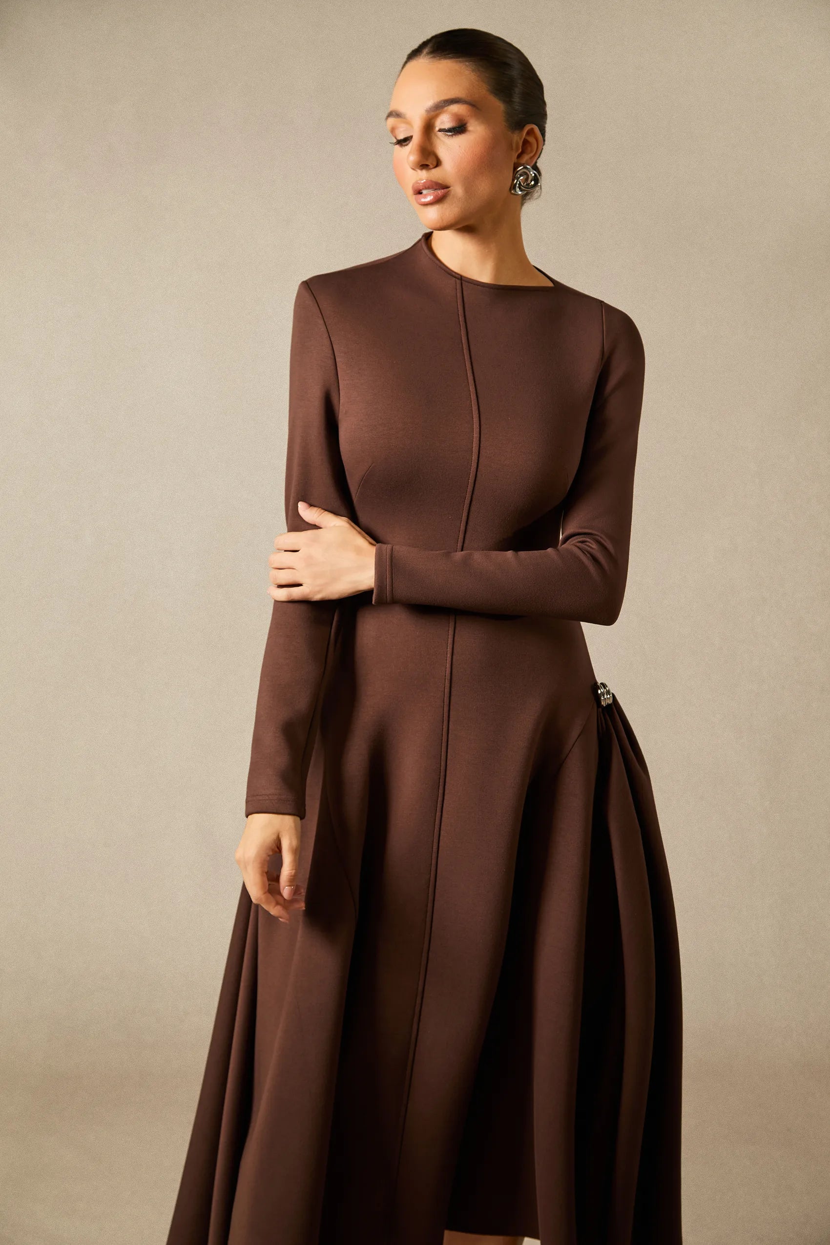 Olivia - Brown Long Sleeve Midi Dress