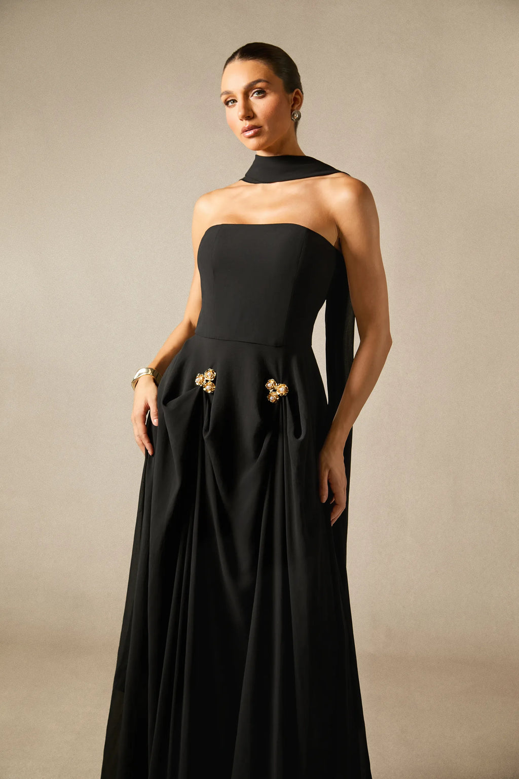 Sarah - Strapless Floral Detail Maxi Dress with Scarf