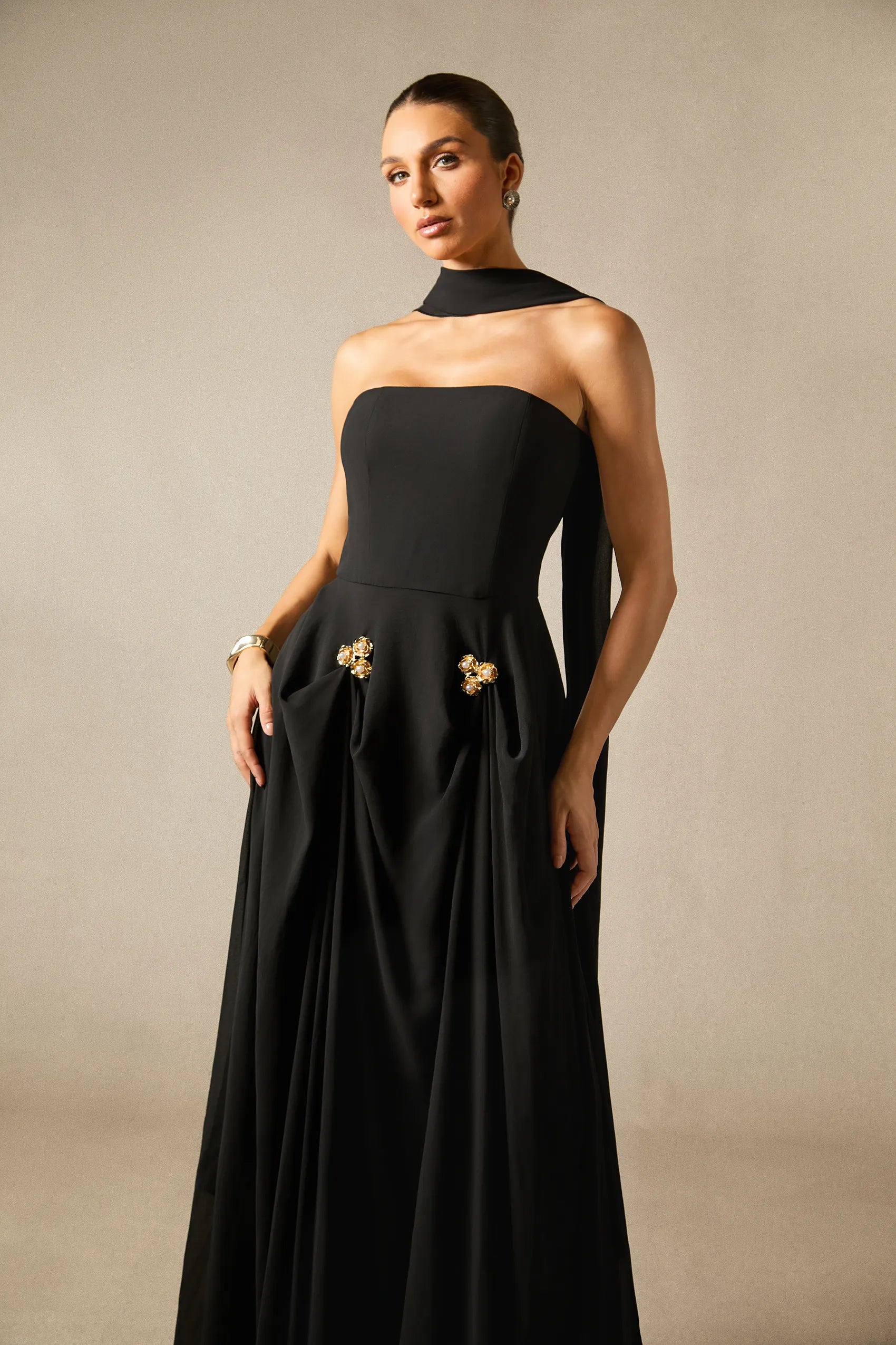 Sarah - Strapless Floral Detail Maxi Dress with Scarf