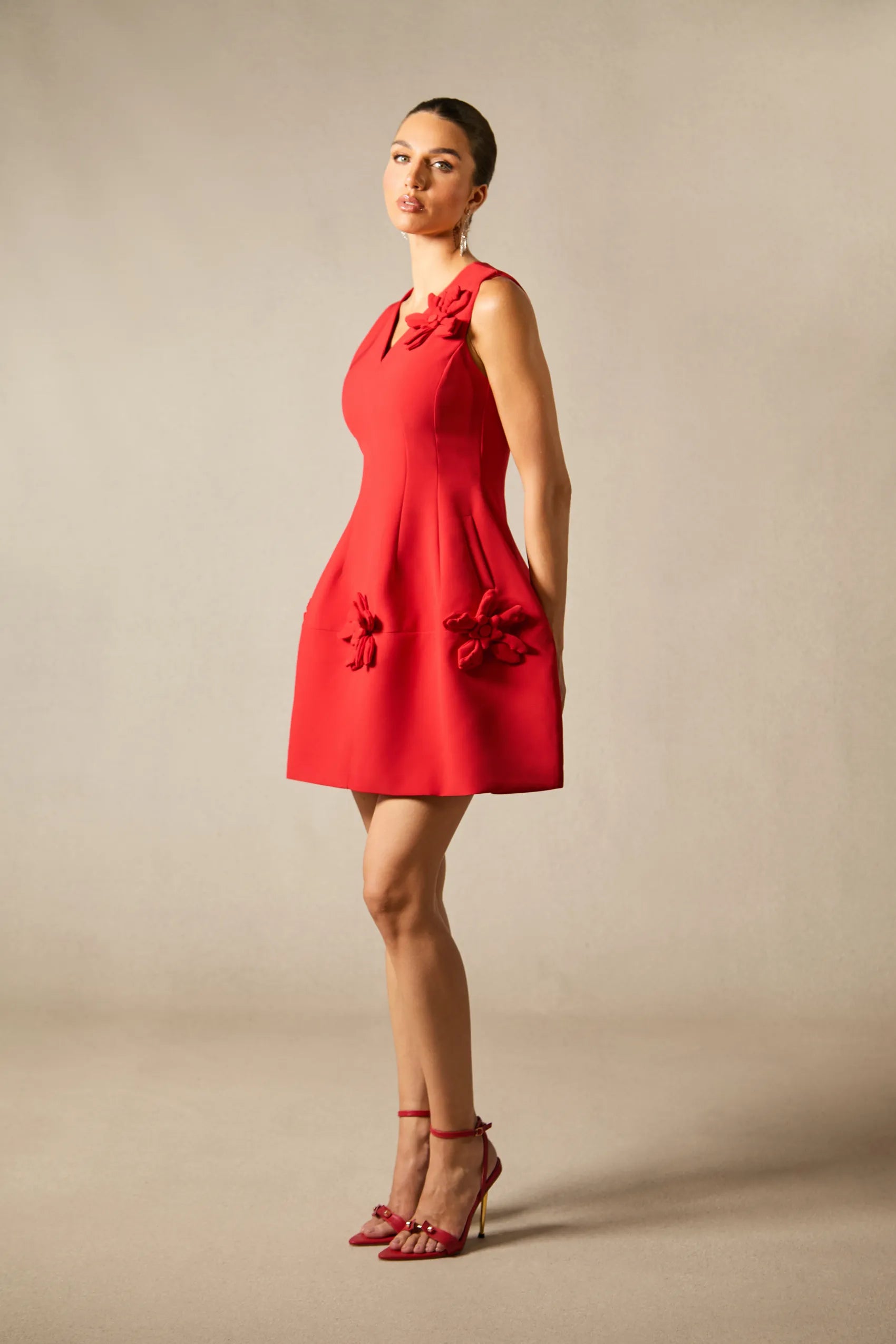 Bertina - Floral Applique V-Neck Mini Dress