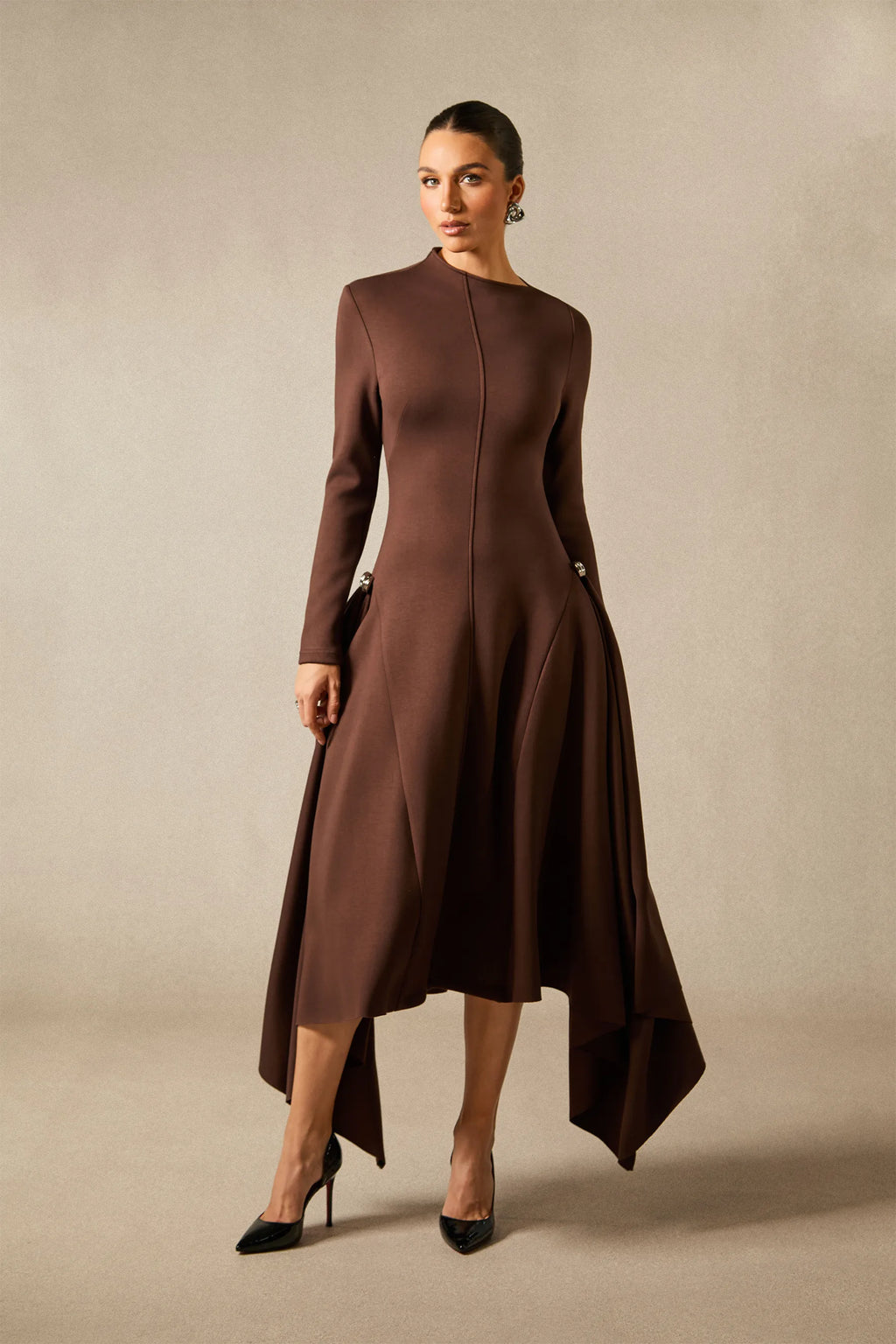 Olivia - Brown Long Sleeve Midi Dress