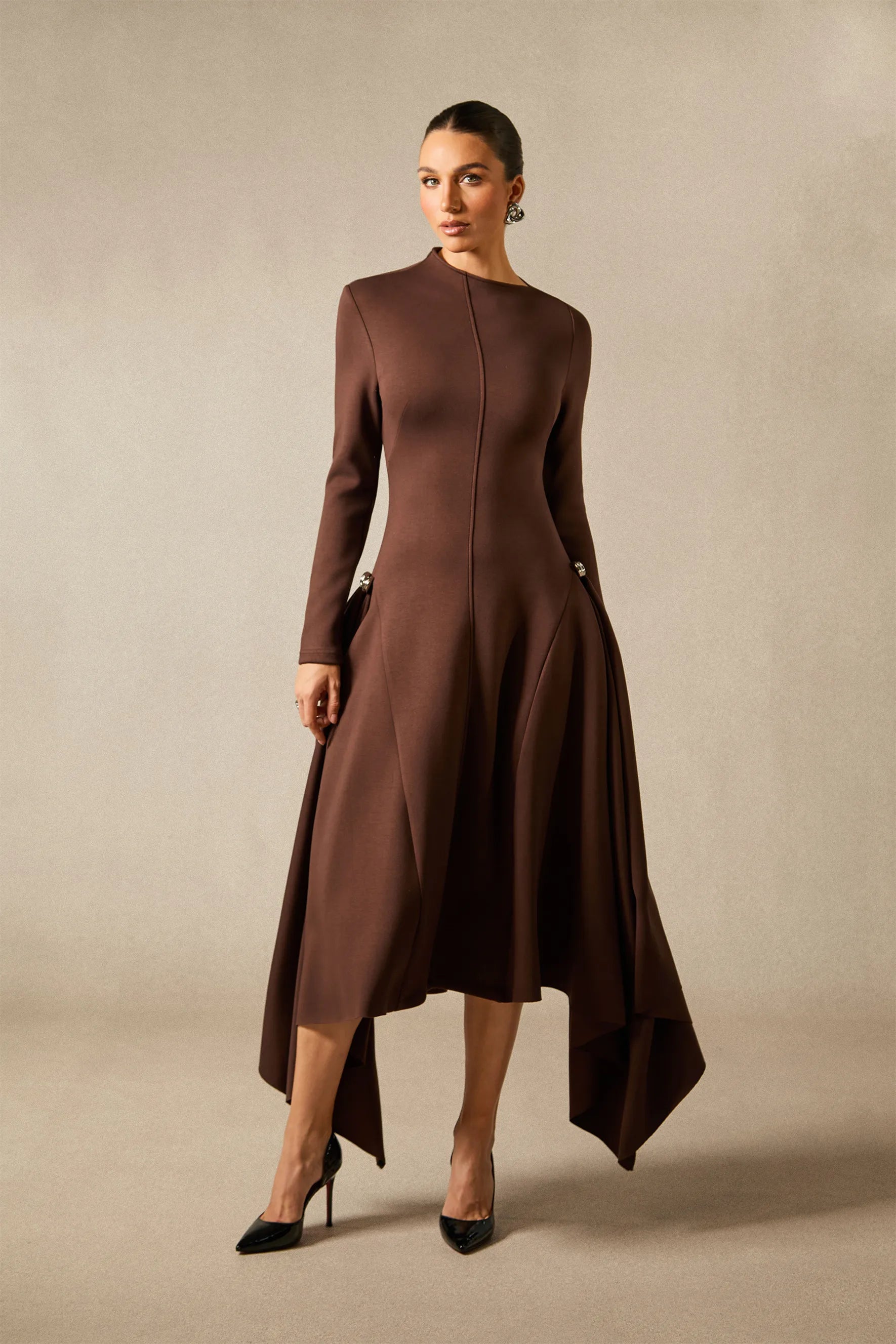 Olivia - Brown Long Sleeve Midi Dress