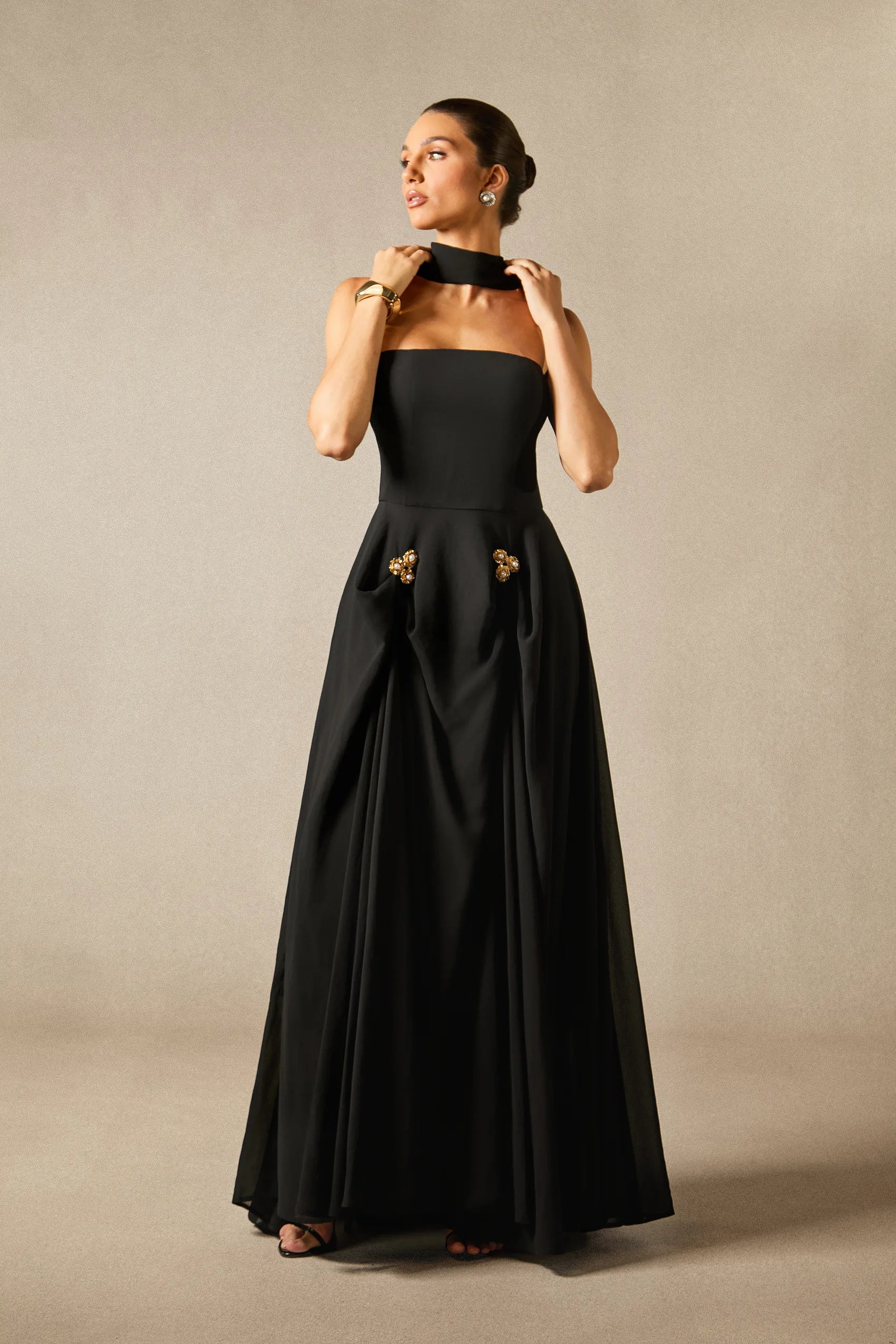 Sarah - Strapless Floral Detail Maxi Dress with Scarf