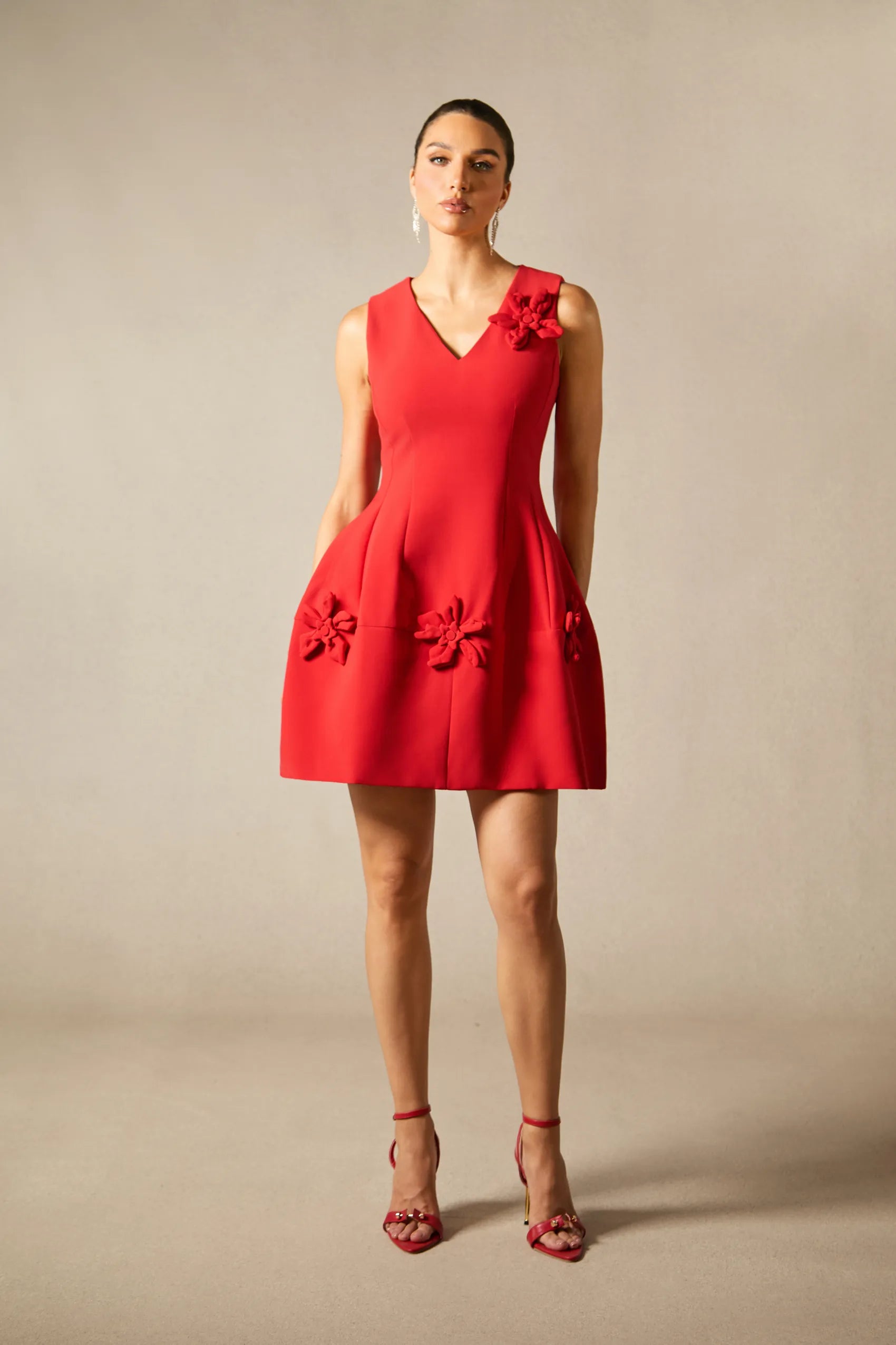 Bertina - Floral Applique V-Neck Mini Dress