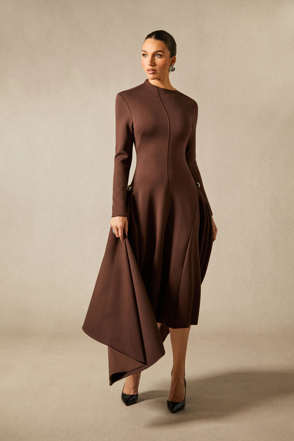 Olivia - Brown Long Sleeve Midi Dress