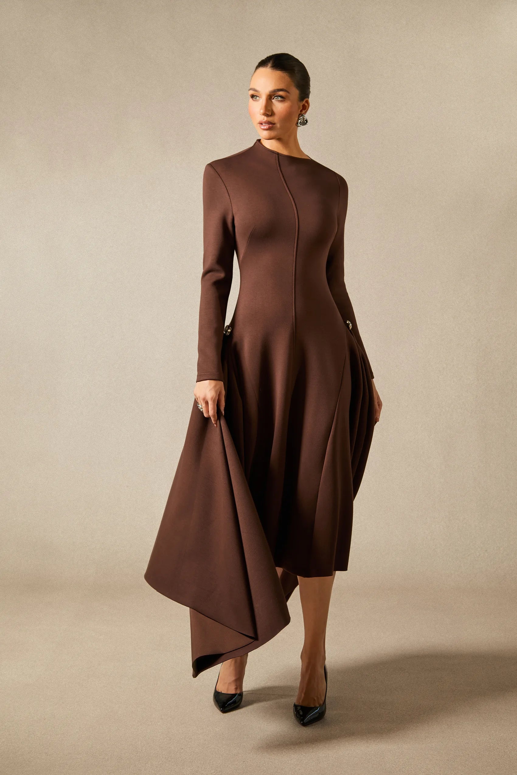 Olivia - Brown Long Sleeve Midi Dress