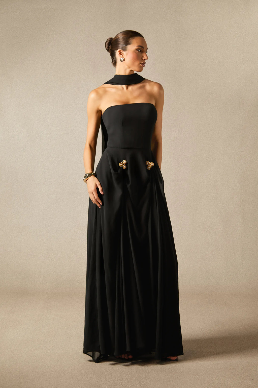 Sarah - Strapless Floral Detail Maxi Dress with Scarf