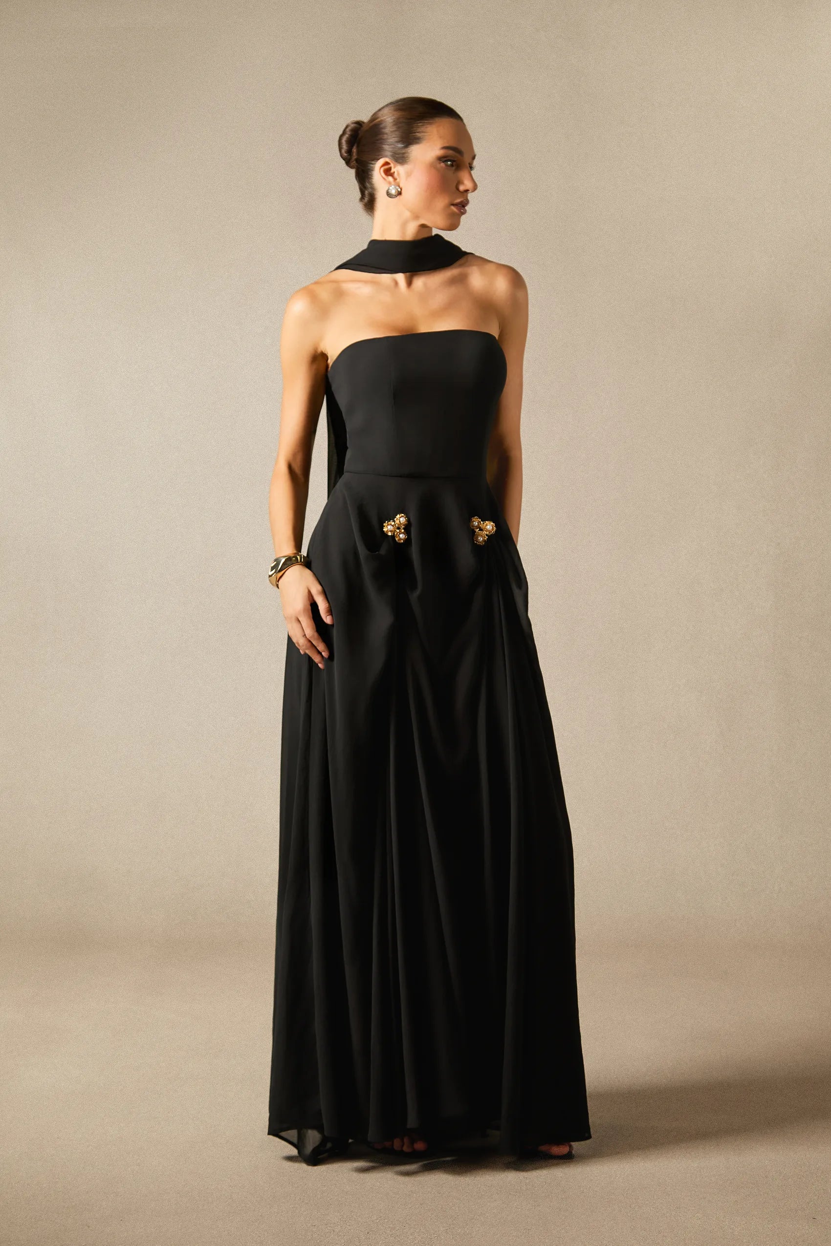 Sarah - Strapless Floral Detail Maxi Dress with Scarf