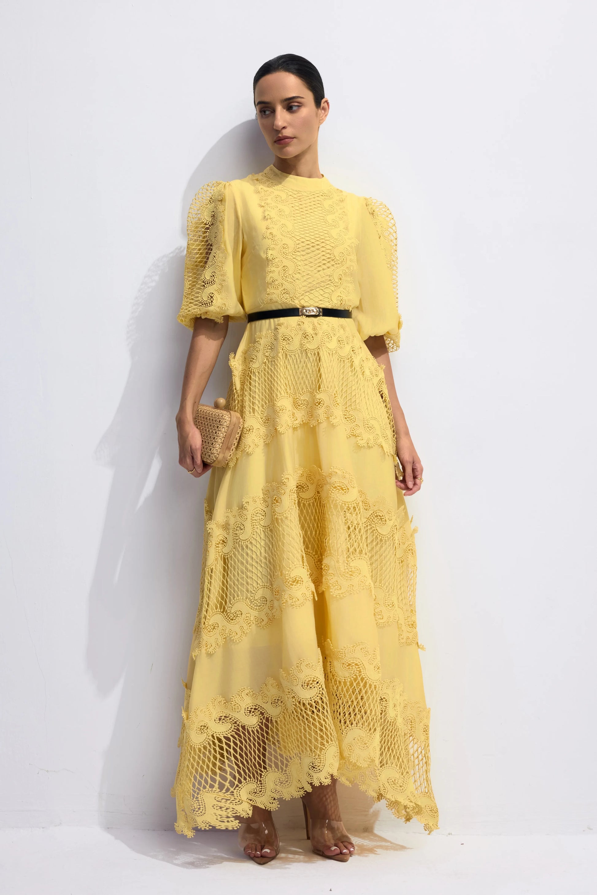Demetria - Embroidered Lace Puff Sleeve Maxi Dress