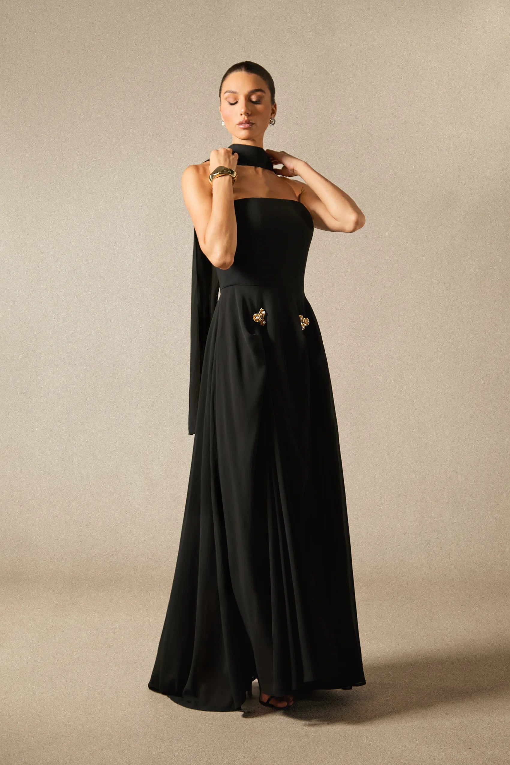 Sarah - Strapless Floral Detail Maxi Dress with Scarf