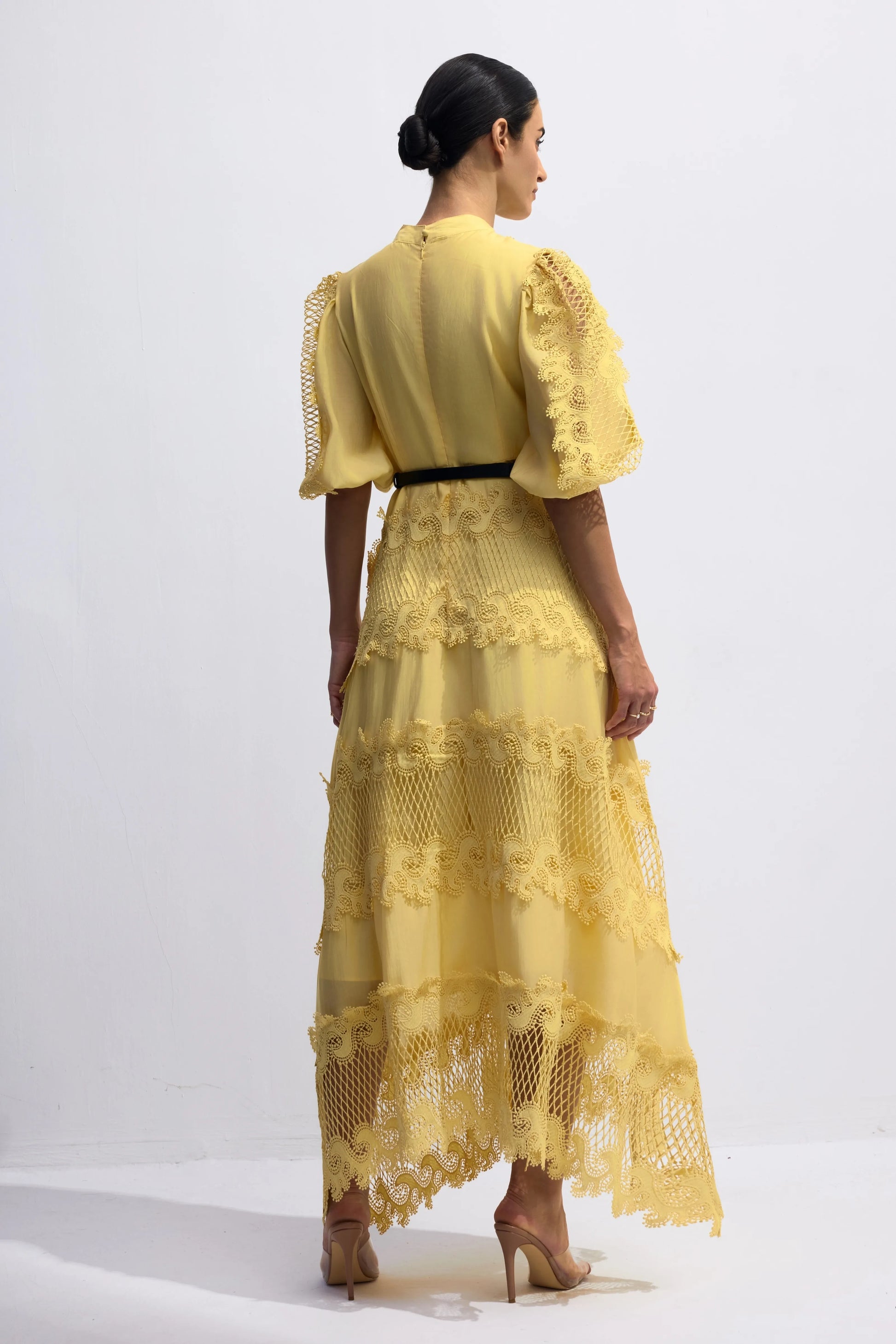 Demetria - Embroidered Lace Puff Sleeve Maxi Dress