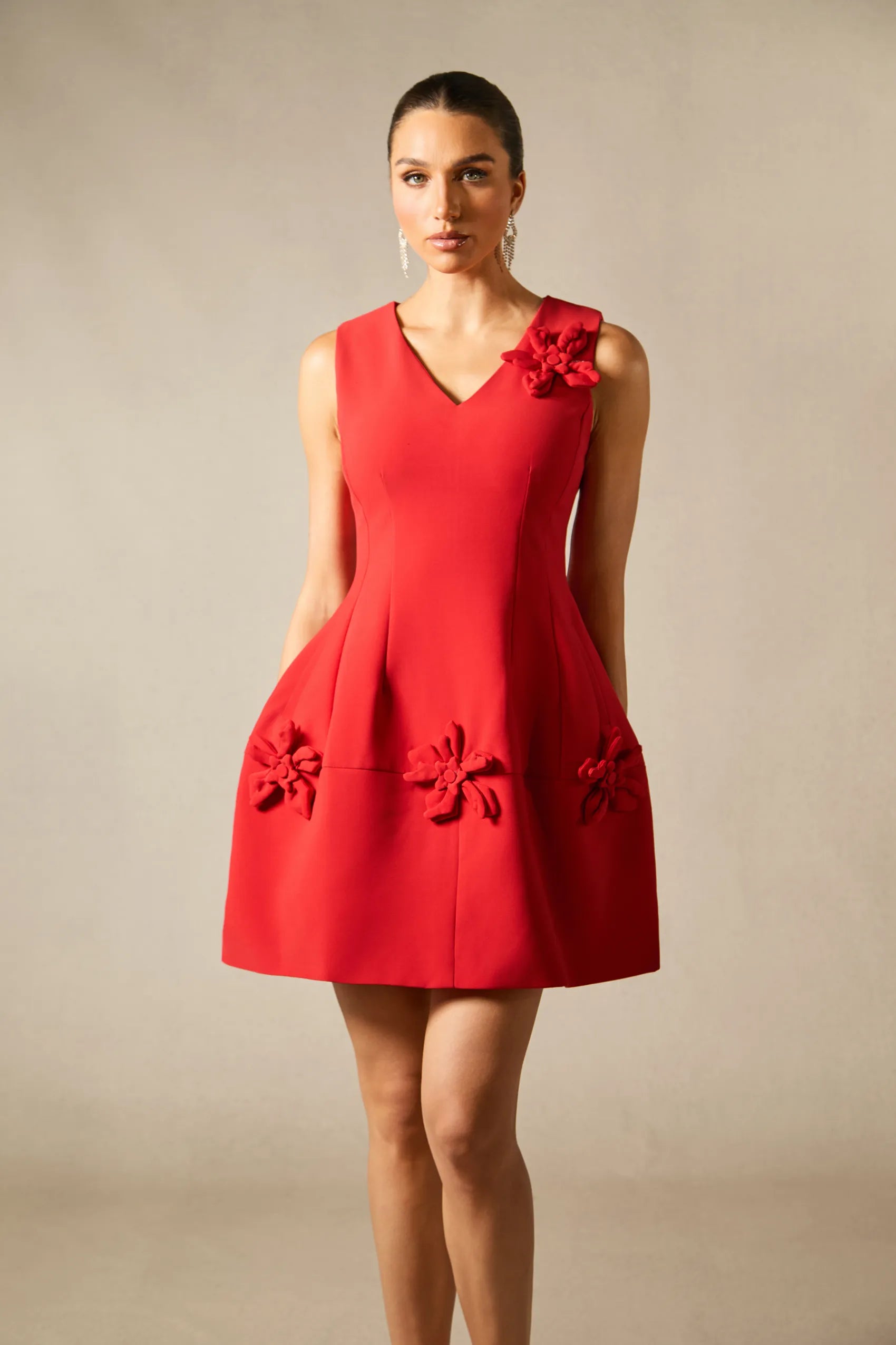 Bertina - Floral Applique V-Neck Mini Dress