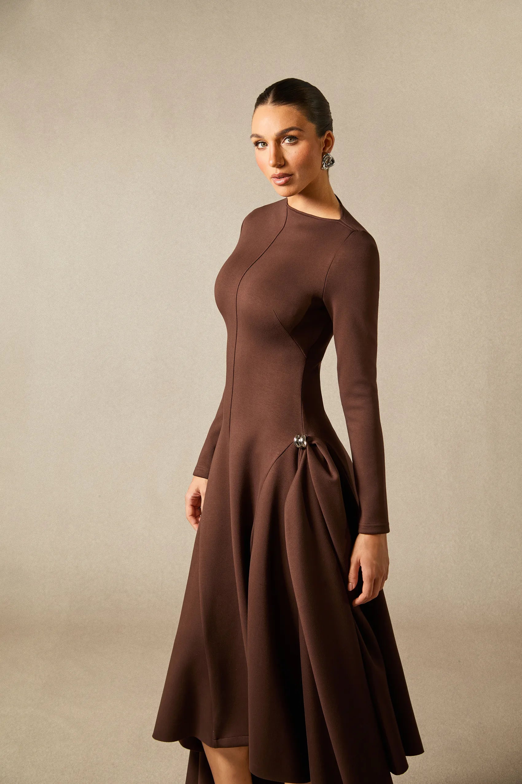 Olivia - Brown Long Sleeve Midi Dress