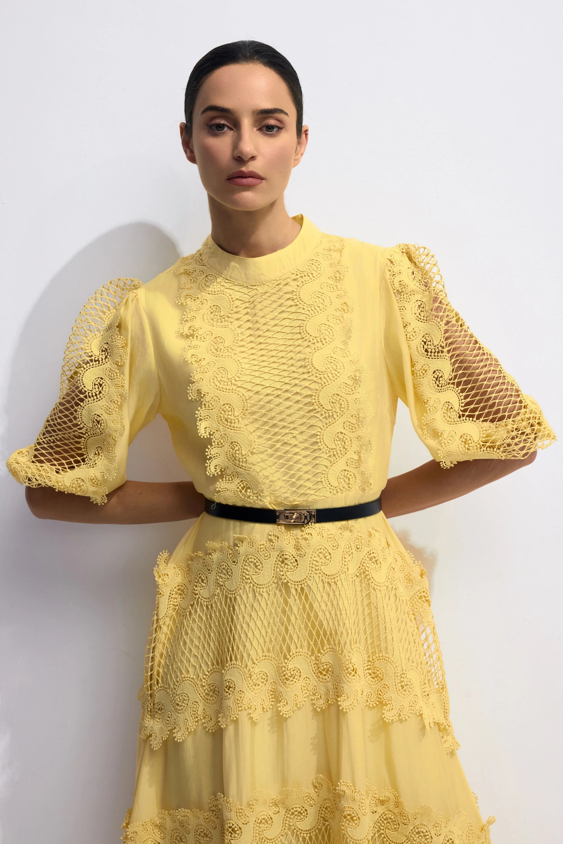 Demetria - Embroidered Lace Puff Sleeve Maxi Dress