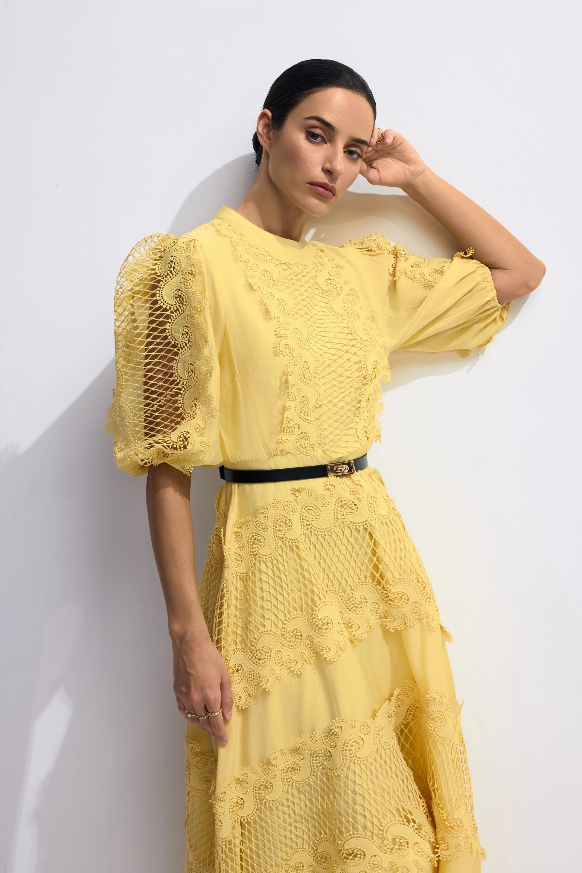 Demetria - Embroidered Lace Puff Sleeve Maxi Dress