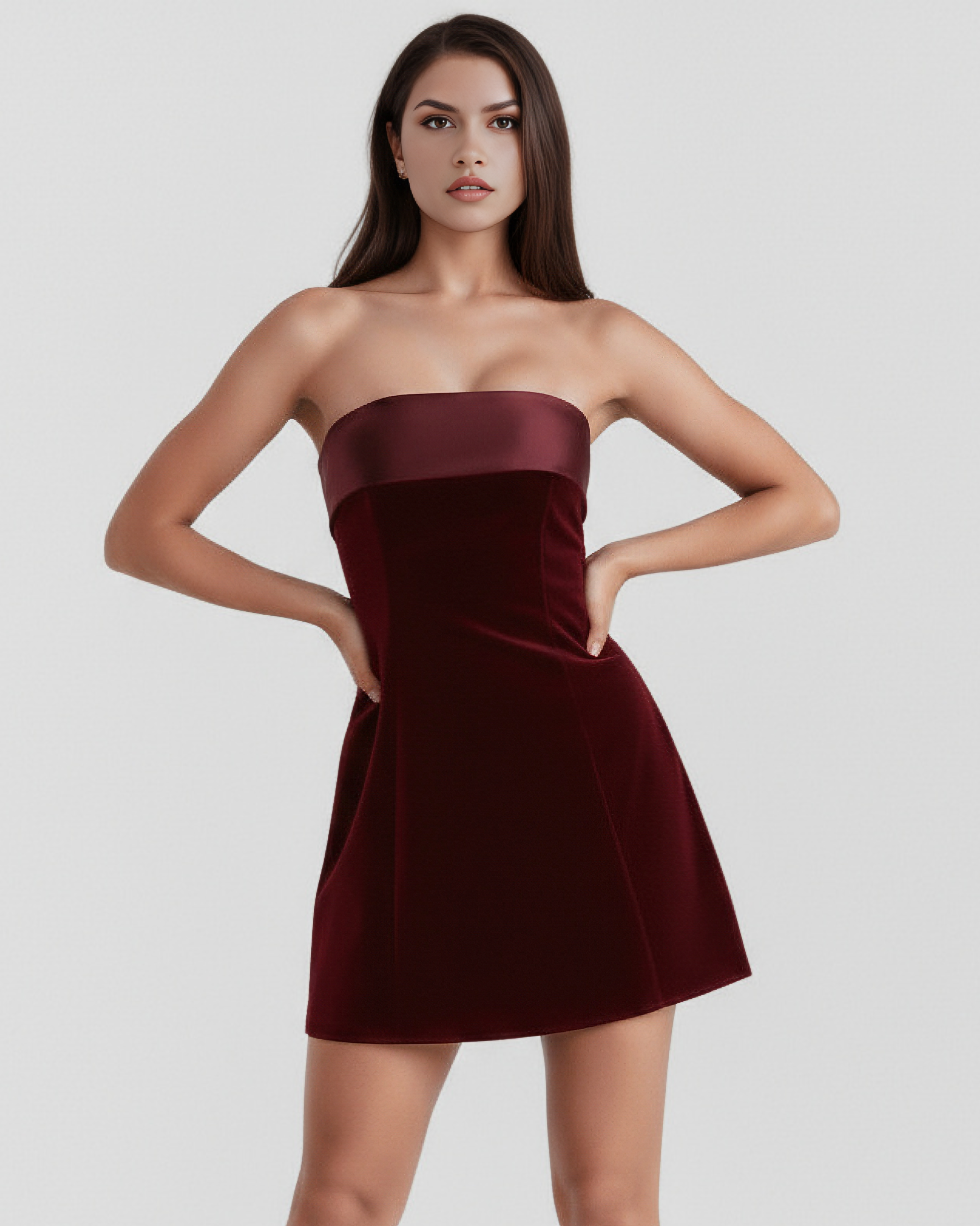 Valentina Bandeau Mini Dress with Fold Detail in Deep Burgundy