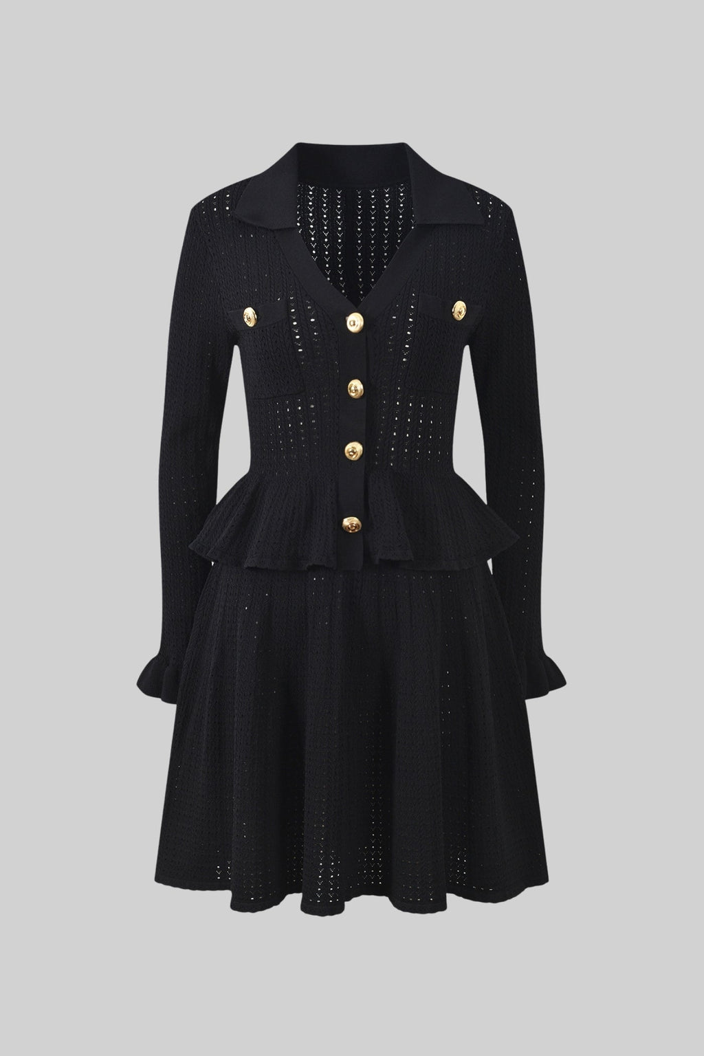 Knit Mini Dress with Peplum Waist and Gold Button Detail - Black