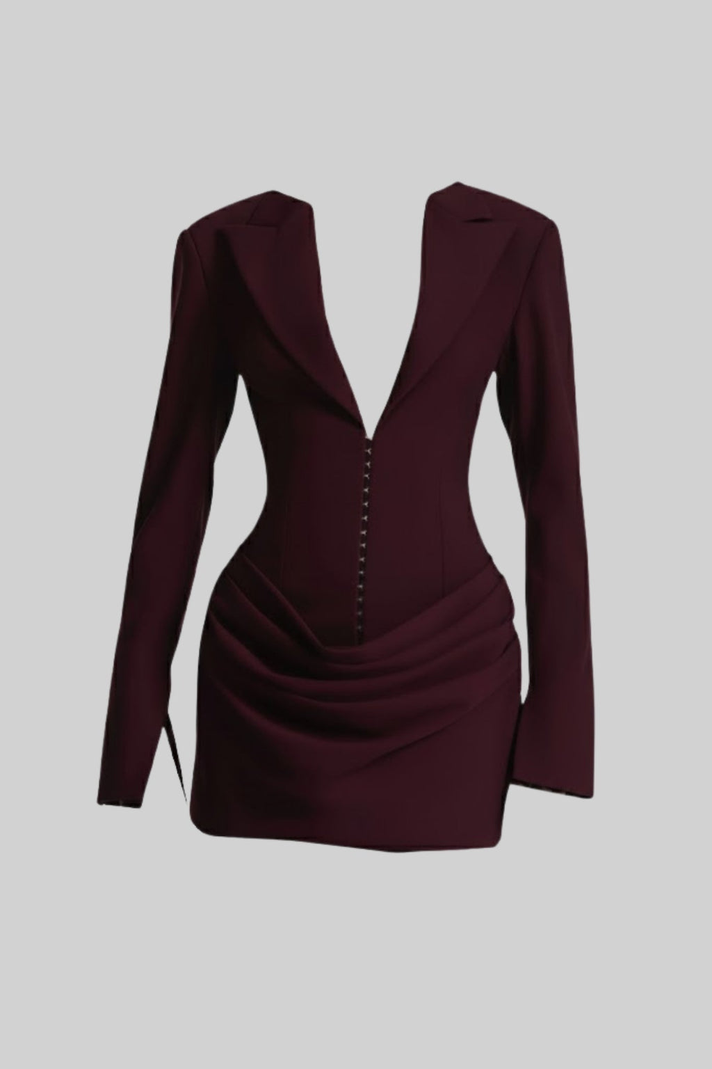 Draped Blazer Mini Dress With Deep Neckline – Burgundy