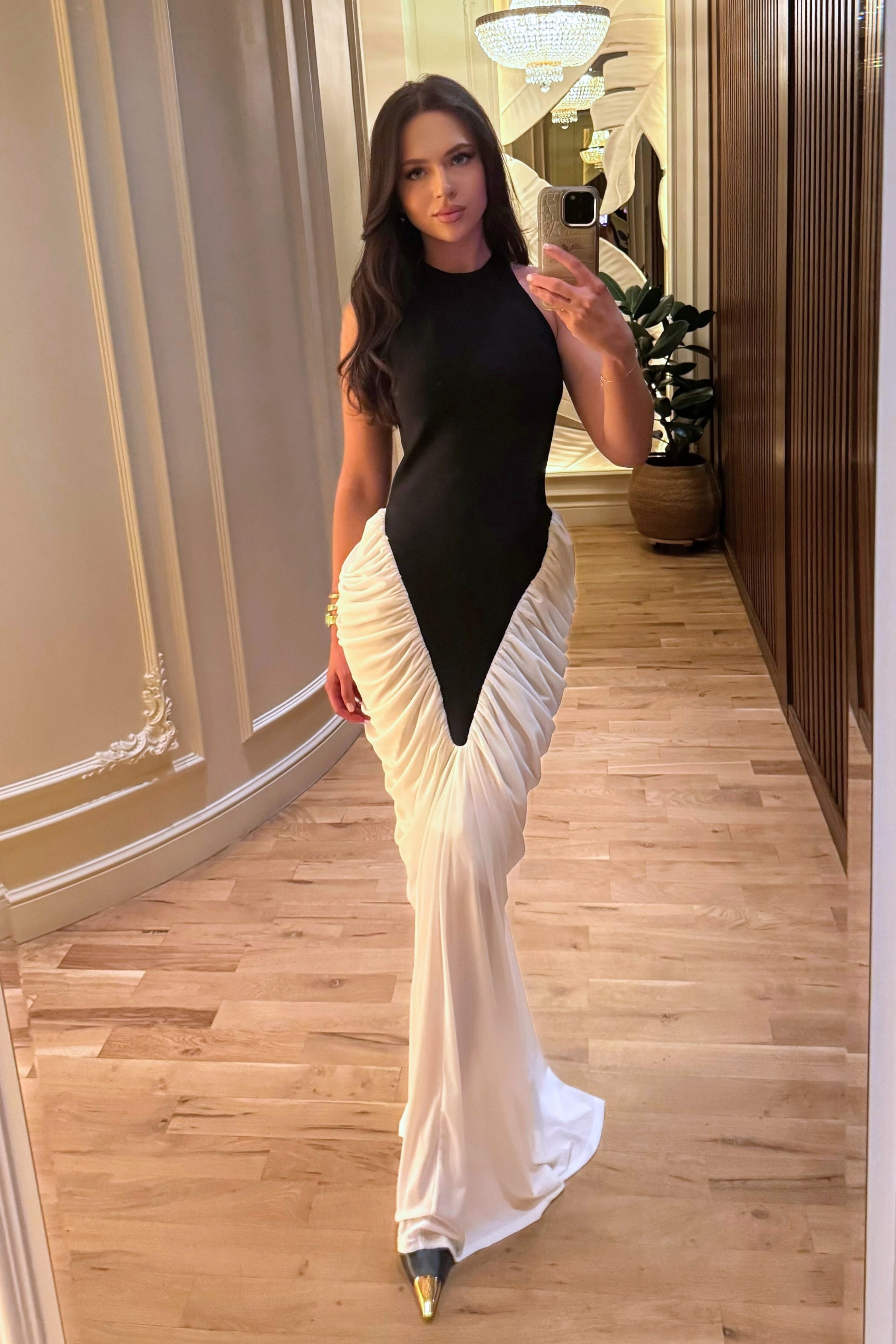 Halter Maxi Dress with Contrasting Ruched Paneling - Black/White