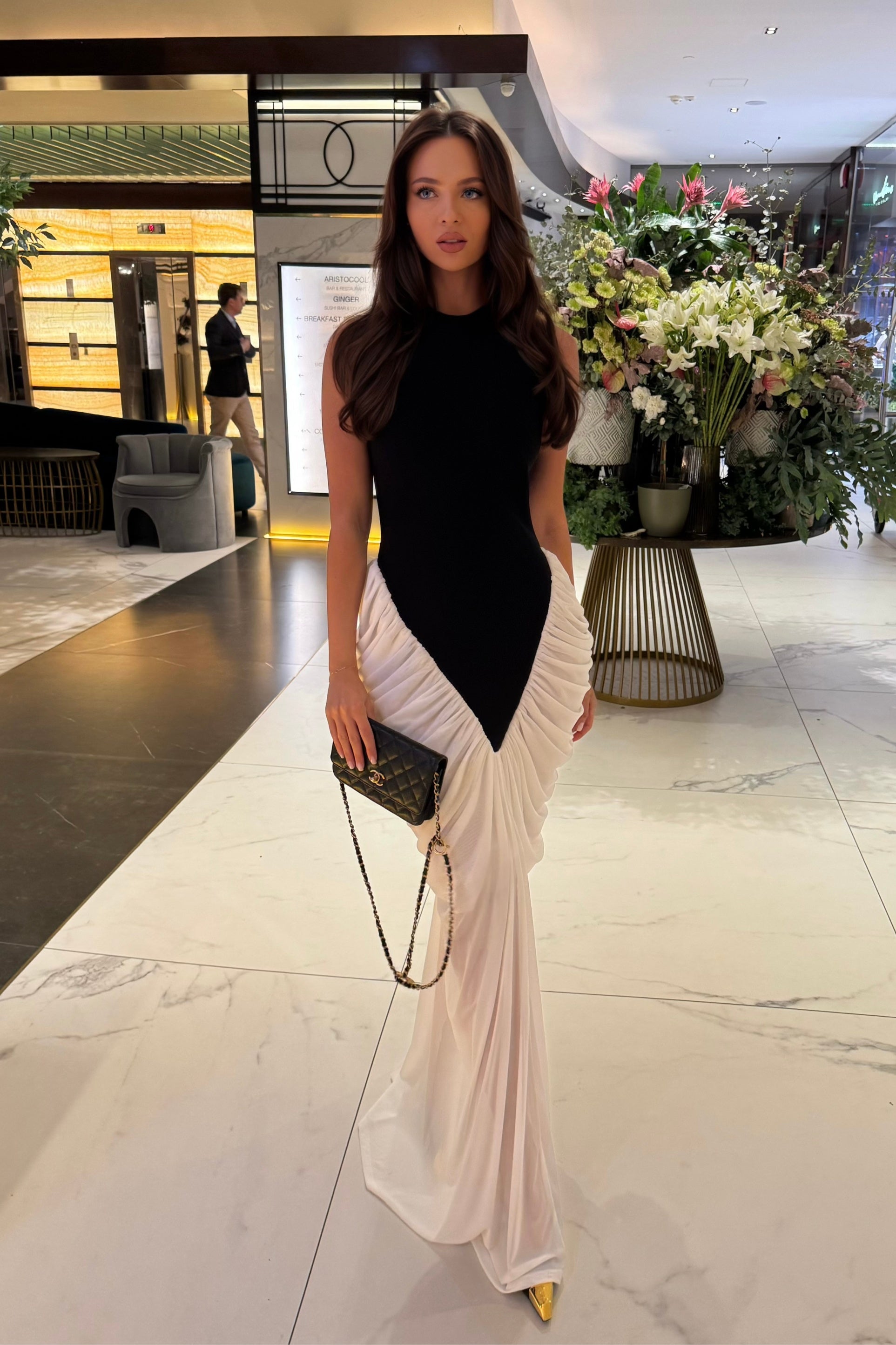 Halter Maxi Dress with Contrasting Ruched Paneling - Black/White