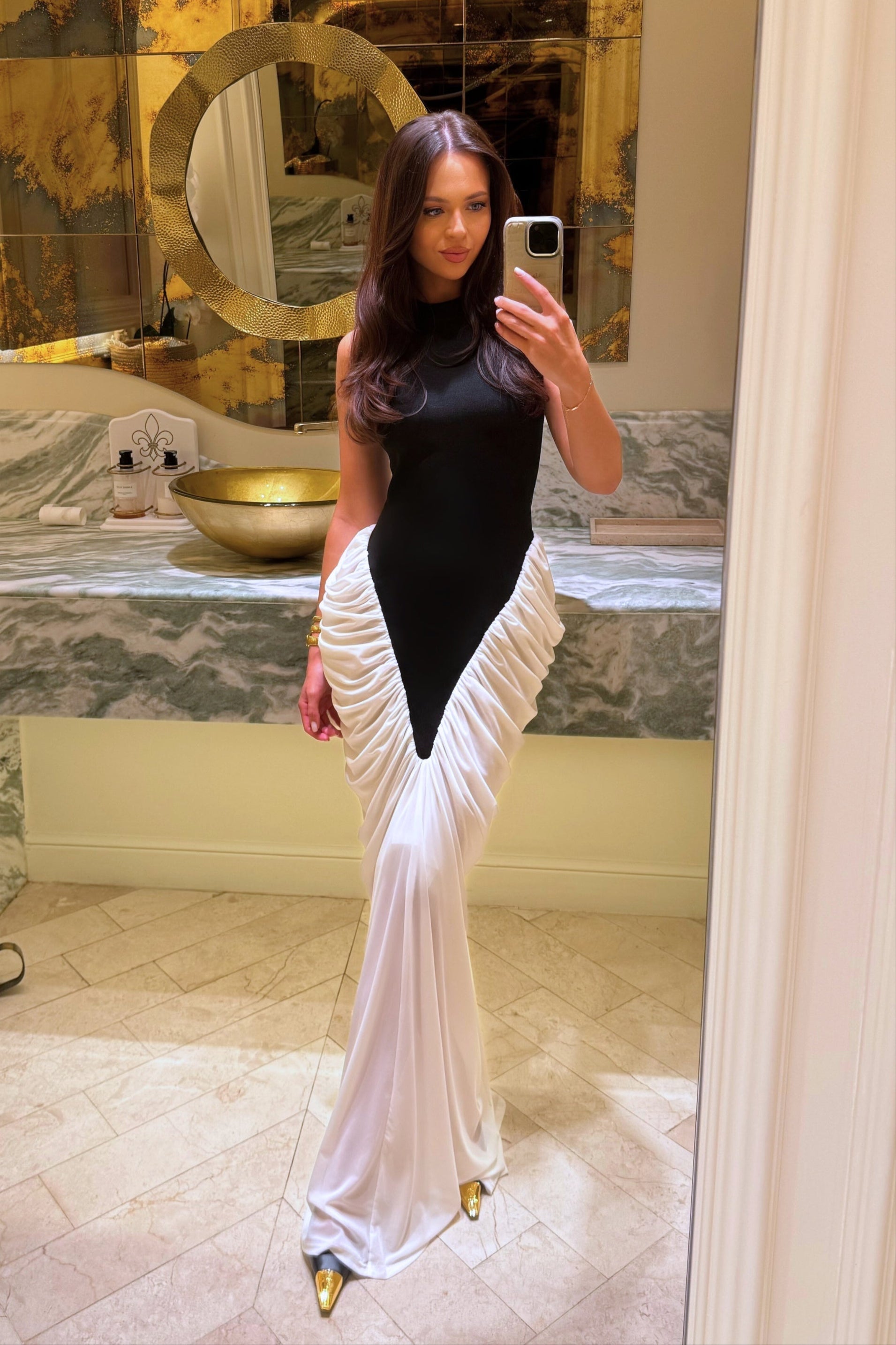 Halter Maxi Dress with Contrasting Ruched Paneling - Black/White