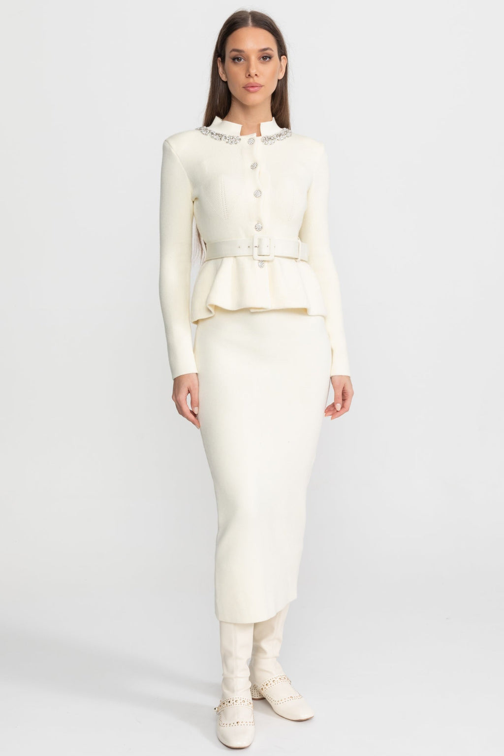 Midi Dress with Peplum Waist and Crystal Collar – Ivory