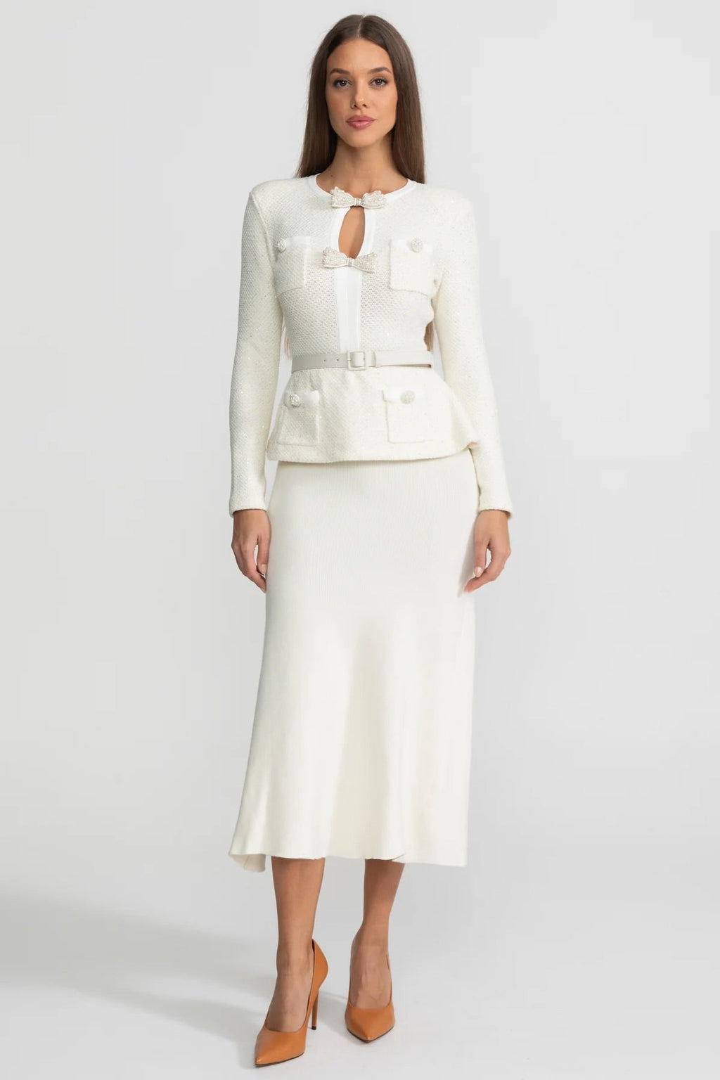 Tweed Peplum Knit Midi Dress – White