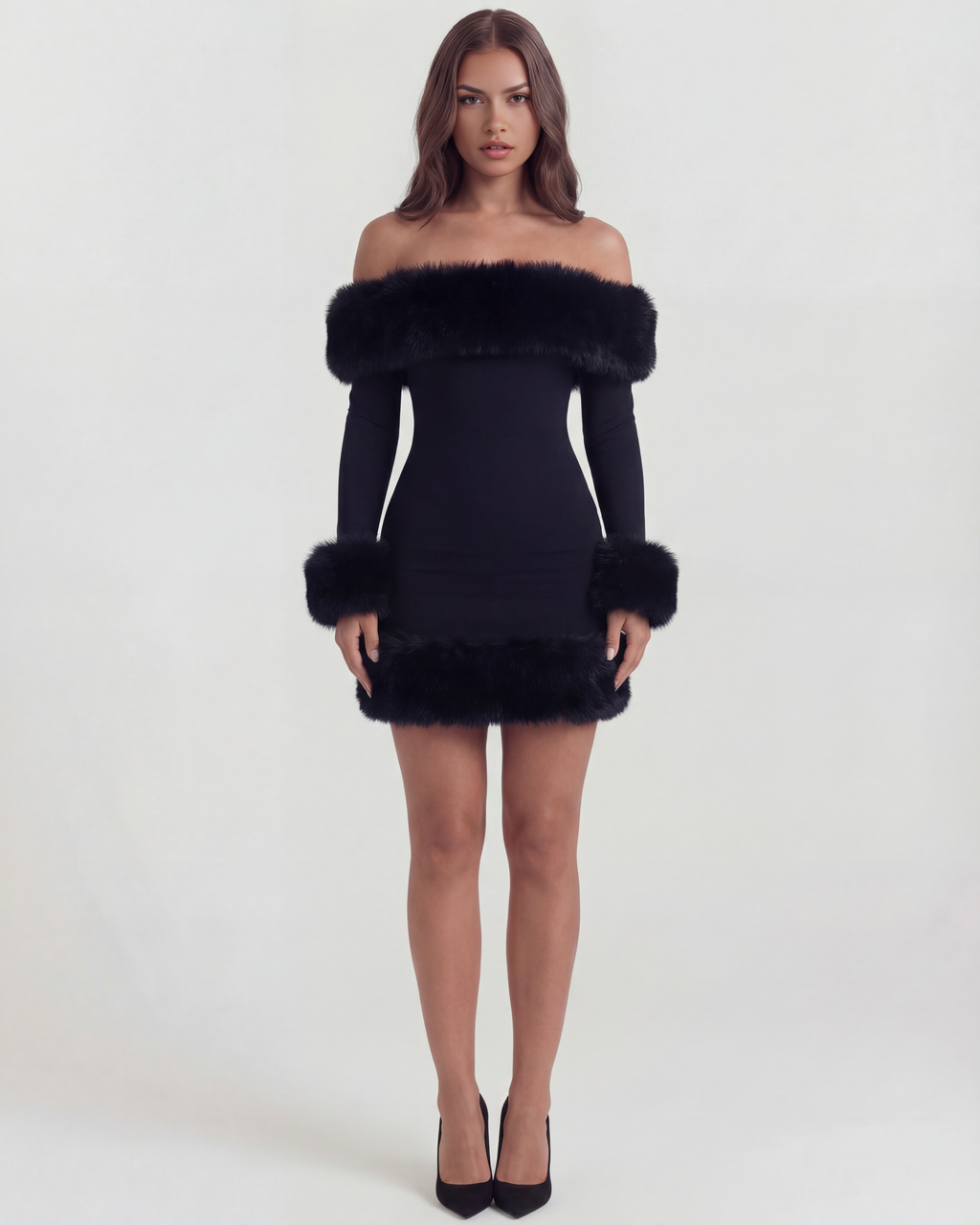 Bella Black Off-Shoulder Mini Dress with Fur Trim