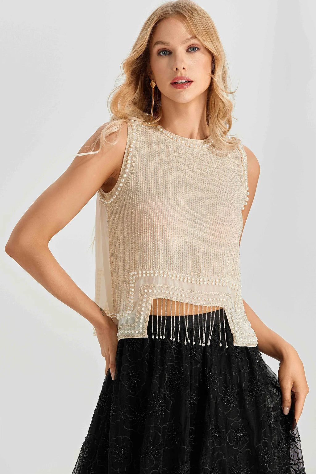 Alina - Sleeveless Pearl Trim Fringe Top
