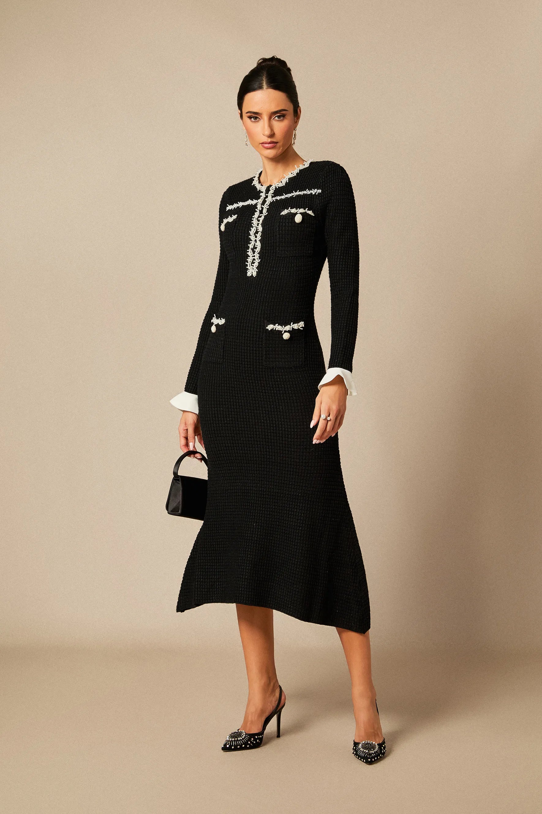 Angie - Black Pearl Knit Midi Dress