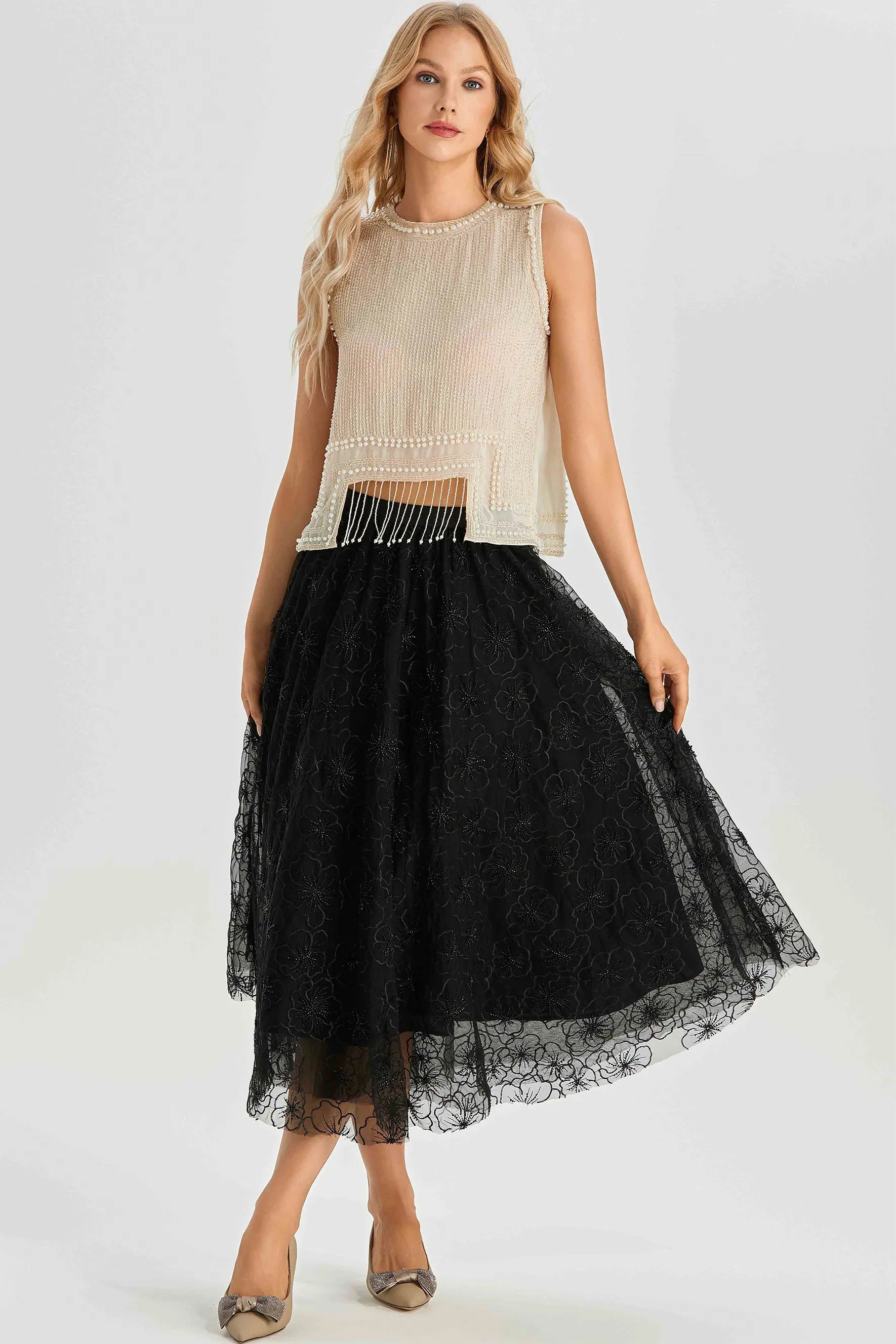 Alina - Sleeveless Pearl Trim Fringe Top