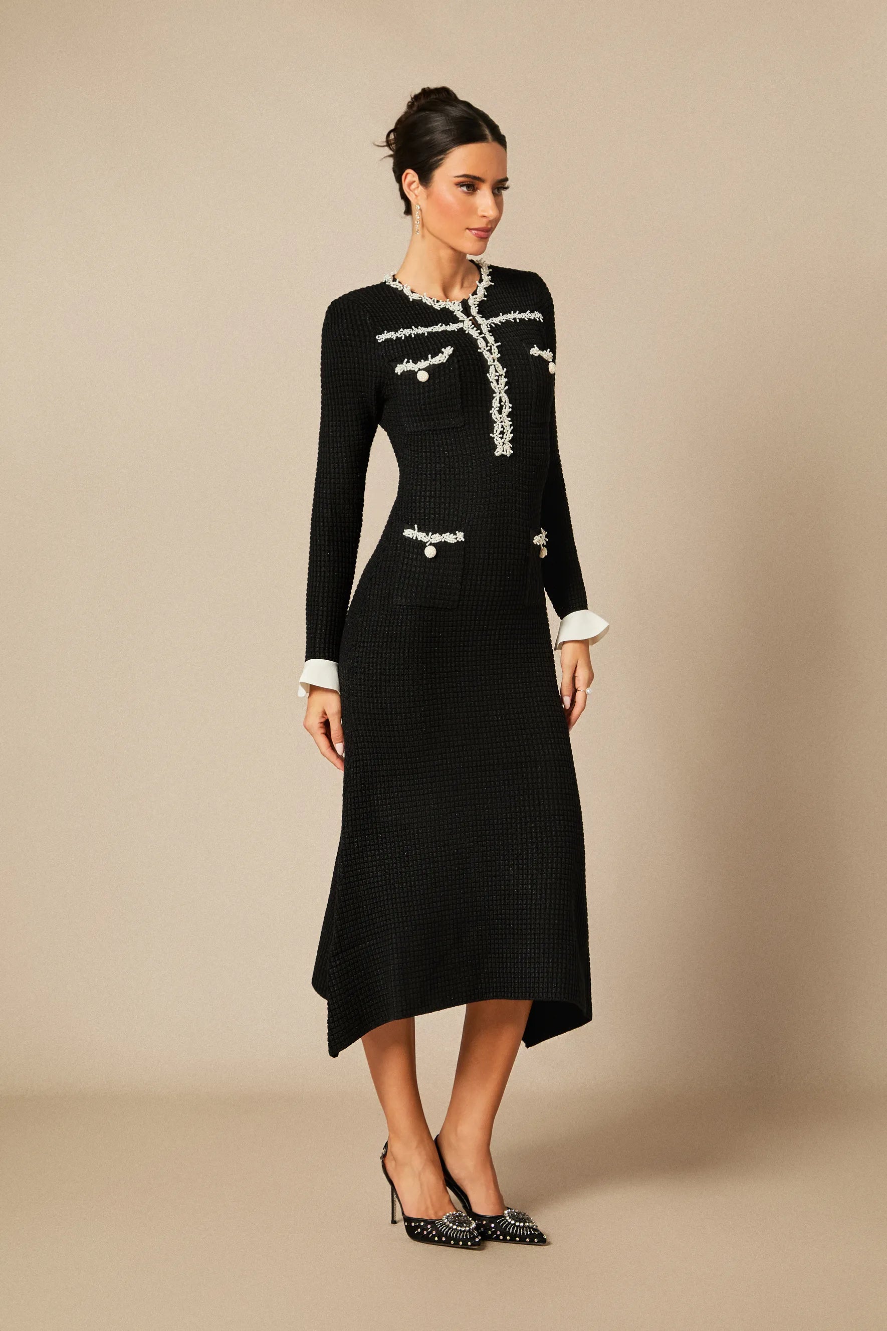 Angie - Black Pearl Knit Midi Dress