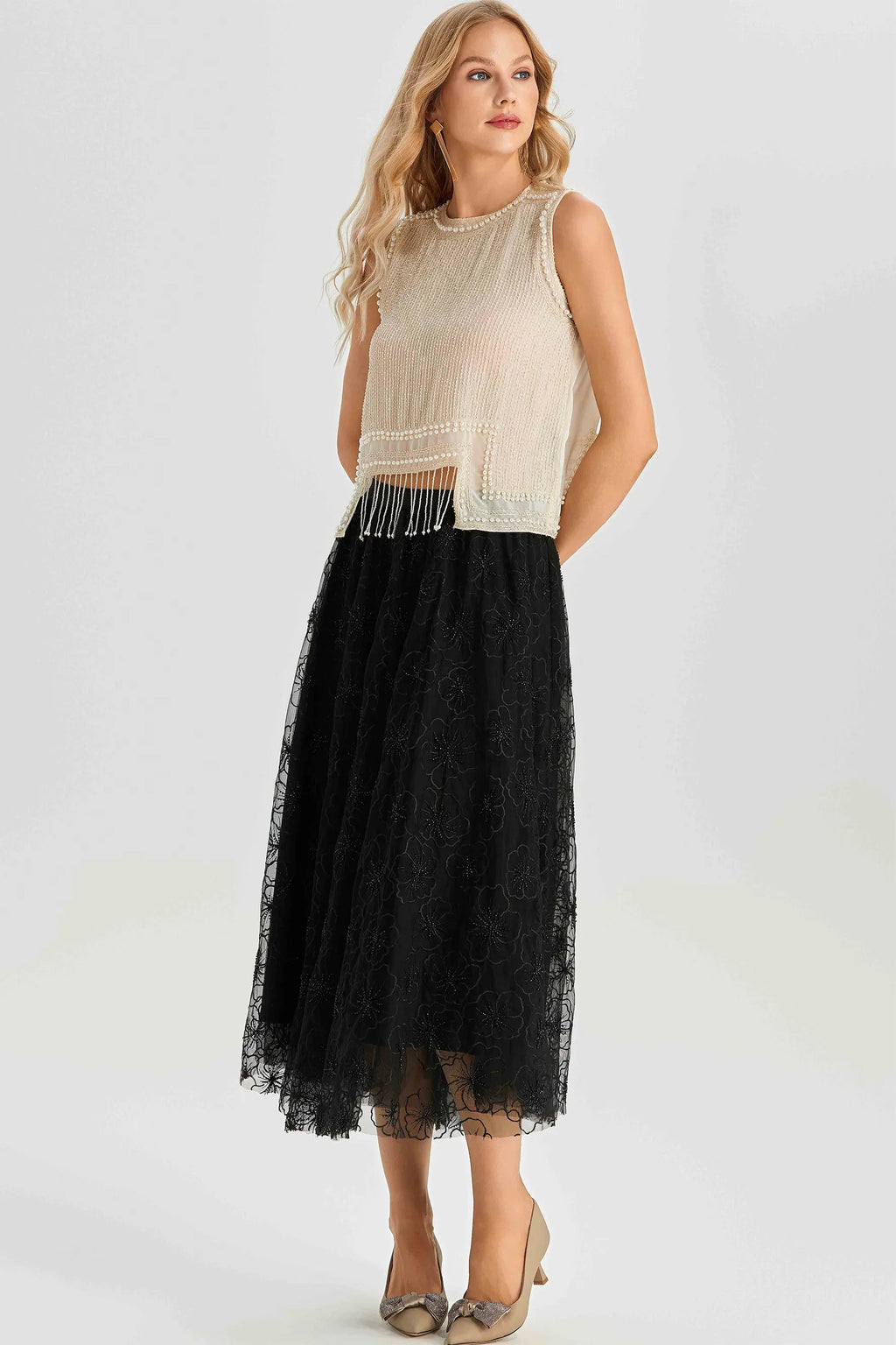 Alina - Sleeveless Pearl Trim Fringe Top