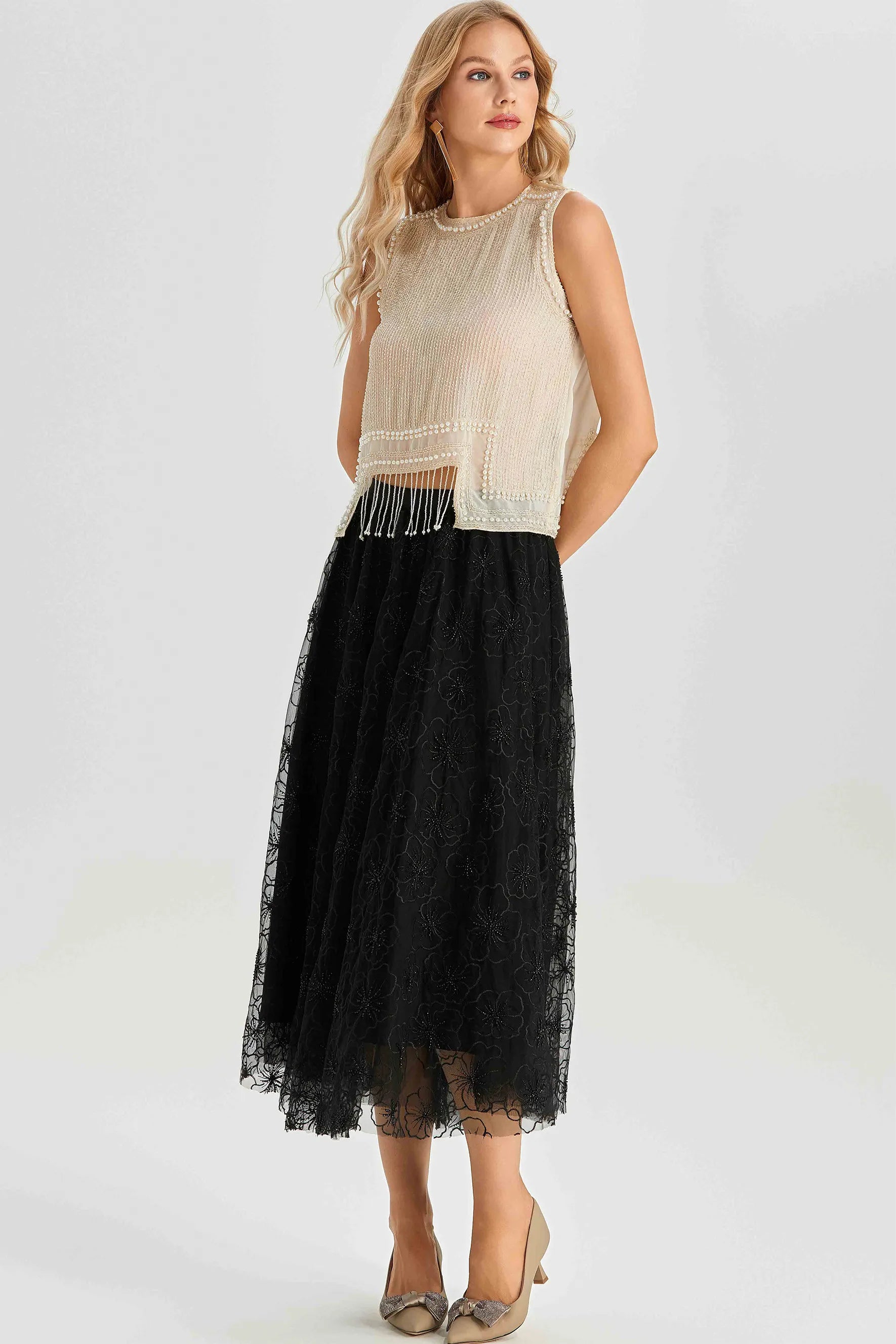 Alina - Sleeveless Pearl Trim Fringe Top
